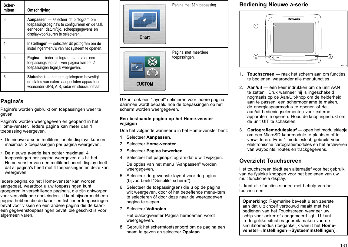 Scher-mitemOmschrijving3Aanpassen—selecteerditpictogramomtoepassingspagina&apos;stecongurerenendetaal,eenheden,datum/tijd,scheepsgegevensendisplay-voorkeurenteselecteren.4Instellingen—selecteerditpictogramomdeinstellingenmenu&apos;svanhetsysteemteopenen.5Pagina—iederpictogramstaatvooreentoepassingspagina.Eenpaginakantot2toepassingentegelijkweergeven.6Statusbalk—hetstatuspictogrambevestigtdestatusvanexternaangeslotenapparatuur,waaronderGPS,AIS,radarenstuurautomaat.Pagina&apos;sPagina&apos;swordengebruiktomtoepassingenweertegeven.Pagina&apos;swordenweergegevenengeopendinhetHome-venster.Iederepaginakanmeerdan1toepassingweergeven.•Denieuwea-seriemultifunctioneledisplayskunnenmaximaal2toepassingenperpaginaweergeven.•Denieuwea-seriekanechtermaximaal4toepassingenperpaginaweergevenalshijhetHome-venstervaneenmultifunctioneeldisplaydeeltdatalpagina&apos;sheeftmet4toepassingenendezekanweergeven.IederepaginaophetHome-vensterkanwordenaangepast,waardooruuwtoepassingenkuntgroepereninverschillendepagina&apos;s,diezijnontworpenvoorverschillendedoeleinden.Ukuntbijvoorbeeldeenpaginahebbendiedekaart-enshnder-toepassingenbevatvoorvisseneneenanderepaginadiedekaart-eengegevenstoepassingenbevat,diegeschiktisvooralgemeenvaren.Paginametééntoepassing.Paginametmeerderetoepassingen.Ukuntookeen&quot;layout&quot;deniërenvooriederepagina,daarmeewordtbepaaldhoedetoepassingenophetschermwordenweergegeven.EenbestaandepaginaophetHome-vensterwijzigenDoehetvolgendewanneeruinhetHome-vensterbent:1.SelecteerAanpassen.2.SelecteerHome-venster.3.SelecteerPaginabewerken.4.Selecteerhetpaginapictogramdatuwiltwijzigen.Deoptiesvanhetmenu&quot;Aanpassen&quot;wordenweergegeven.5.Selecteerdegewenstelayoutvoordepagina(bijvoorbeeld“Gesplitstscherm”).6.Selecteerdetoepassing(en)dieuopdepaginawiltweergeven,doorófhetbetreffendemenu-itemteselecterenófdoordezenaardeweergegevenpaginateslepen.7.SelecteerVoltooien.HetdialoogvensterPaginahernoemenwordtweergegeven.8.GebruikhetschermtoetsenbordomdepaginaeennaamtegevenenselecteerOpslaan.BedieningNieuwea-serieD12 577 -13121.Touchscreen—raakhetschermaanomfunctiestebedienen,waaronderallemenufuncties.2.Aan/uit—éénkeerindrukkenomdeunitAANtezetten.DrukwanneerhijisingeschakeldnogmaalsopdeAan/Uit-knopomdehelderheidaantepassen,eenschermopnametemaken,deenergiespaarmodusteopenenofdeaan/uit-bedieningselementenvoorexterneapparatenteopenen.HouddeknopingedruktomdeunitUITteschakelen.3.Cartograemodulesleuf—openhetmoduleklepjeomeenMicroSD-kaartmoduleteplaatsenofteverwijderen.Eris1modulesleuf,gebruiktvoorelektronischecartograemodulesenhetarchiverenvanwaypoints,routesentrackgegevens.OverzichtTouchscreenHettouchscreenbiedteenalternatiefvoorhetgebruikvandefysiekeknoppenvoorhetbedienenvanuwmultifunctioneledisplay.UkuntallefunctiesstartenmetbehulpvanhettouchscreenOpmerking:RaymarinebeveeltutenzeersteaandatuzichzelfvertrouwdmaaktmethetbedienenvanhetTouchscreenwanneeruwschipvoorankerofaangemeerdligt.Ukuntindergelijkesituatiesgebruikmakenvandesimulatormodus(toegankelijkvanuithetHome-venster→Instellingen→Systeeminstellingen).131