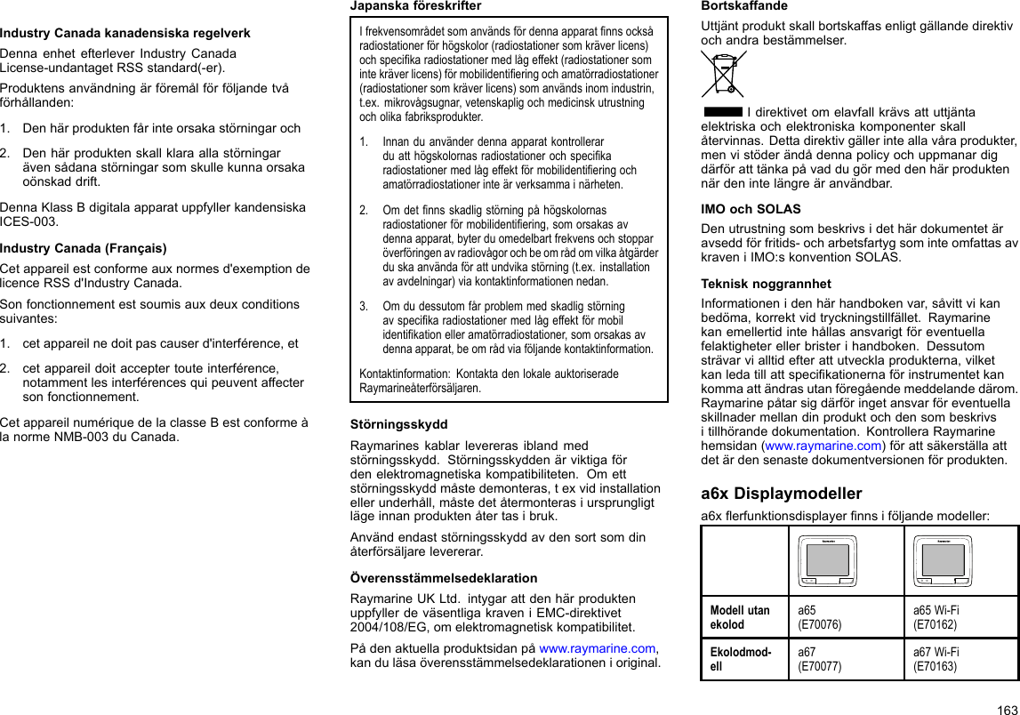 IndustryCanadakanadensiskaregelverkDennaenhetefterleverIndustryCanadaLicense-undantagetRSSstandard(-er).Produktensanvändningärföremålförföljandetvåförhållanden:1.Denhärproduktenfårinteorsakastörningaroch2.Denhärproduktenskallklaraallastörningarävensådanastörningarsomskullekunnaorsakaoönskaddrift.DennaKlassBdigitalaapparatuppfyllerkandensiskaICES-003.IndustryCanada(Français)Cetappareilestconformeauxnormesd&apos;exemptiondelicenceRSSd&apos;IndustryCanada.Sonfonctionnementestsoumisauxdeuxconditionssuivantes:1.cetappareilnedoitpascauserd&apos;interférence,et2.cetappareildoitacceptertouteinterférence,notammentlesinterférencesquipeuventaffectersonfonctionnement.CetappareilnumériquedelaclasseBestconformeàlanormeNMB-003duCanada.JapanskaföreskrifterIfrekvensområdetsomanvändsfördennaapparatnnsocksåradiostationerförhögskolor(radiostationersomkräverlicens)ochspecikaradiostationermedlågeffekt(radiostationersomintekräverlicens)förmobilidentieringochamatörradiostationer(radiostationersomkräverlicens)somanvändsinomindustrin,t.ex.mikrovågsugnar,vetenskapligochmedicinskutrustningocholikafabriksprodukter.1.Innanduanvänderdennaapparatkontrollerarduatthögskolornasradiostationerochspecikaradiostationermedlågeffektförmobilidentieringochamatörradiostationerinteärverksammainärheten.2.Omdetnnsskadligstörningpåhögskolornasradiostationerförmobilidentiering,somorsakasavdennaapparat,byterduomedelbartfrekvensochstopparöverföringenavradiovågorochbeområdomvilkaåtgärderduskaanvändaförattundvikastörning(t.ex.installationavavdelningar)viakontaktinformationennedan.3.Omdudessutomfårproblemmedskadligstörningavspecikaradiostationermedlågeffektförmobilidentikationelleramatörradiostationer,somorsakasavdennaapparat,beområdviaföljandekontaktinformation.Kontaktinformation:KontaktadenlokaleauktoriseradeRaymarineåterförsäljaren.StörningsskyddRaymarineskablarlevererasiblandmedstörningsskydd.Störningsskyddenärviktigafördenelektromagnetiskakompatibiliteten.Omettstörningsskyddmåstedemonteras,texvidinstallationellerunderhåll,måstedetåtermonterasiursprungligtlägeinnanproduktenåtertasibruk.Användendaststörningsskyddavdensortsomdinåterförsäljarelevererar.ÖverensstämmelsedeklarationRaymarineUKLtd.intygarattdenhärproduktenuppfyllerdeväsentligakraveniEMC-direktivet2004/108/EG,omelektromagnetiskkompatibilitet.Pådenaktuellaproduktsidanpåwww.raymarine.com,kanduläsaöverensstämmelsedeklarationenioriginal.BortskaffandeUttjäntproduktskallbortskaffasenligtgällandedirektivochandrabestämmelser.Idirektivetomelavfallkrävsattuttjäntaelektriskaochelektroniskakomponenterskallåtervinnas.Dettadirektivgällerinteallavåraprodukter,menvistöderändådennapolicyochuppmanardigdärföratttänkapåvaddugörmeddenhärproduktennärdenintelängreäranvändbar.IMOochSOLASDenutrustningsombeskrivsidethärdokumentetäravseddförfritids-ocharbetsfartygsominteomfattasavkraveniIMO:skonventionSOLAS.TeknisknoggrannhetInformationenidenhärhandbokenvar,såvittvikanbedöma,korrektvidtryckningstillfället.Raymarinekanemellertidintehållasansvarigtföreventuellafelaktigheterellerbristerihandboken.Dessutomsträvarvialltidefterattutvecklaprodukterna,vilketkanledatillattspecikationernaförinstrumentetkankommaattändrasutanföregåendemeddelandedärom.Raymarinepåtarsigdärföringetansvarföreventuellaskillnadermellandinproduktochdensombeskrivsitillhörandedokumentation.KontrolleraRaymarinehemsidan(www.raymarine.com)förattsäkerställaattdetärdensenastedokumentversionenförprodukten.a6xDisplaymodellera6xerfunktionsdisplayernnsiföljandemodeller:Modellutanekoloda65(E70076)a65Wi-Fi(E70162)Ekolodmod-ella67(E70077)a67Wi-Fi(E70163)163