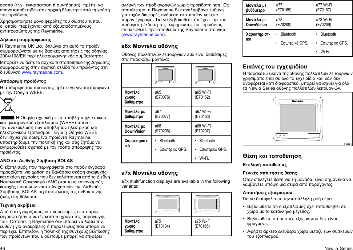 σκοπό(π.χ.εγκατάστασηήσυντήρηση),πρέπειναεπανατοποθετηθείστηναρχικήθέσηπριναπότηχρήσητουπροϊόντος.Χρησιμοποιήστεμόνοφερρίτεςτουσωστούτύπου,οιοποίοιπαρέχονταιαπόεξουσιοδοτημένουςαντιπροσώπουςτηςRaymarine.ΔήλωσησυμμόρφωσηςΗRaymarineUKLtd.δηλώνειότιαυτότοπροϊόνσυμμορφώνεταιμετιςβασικέςαπαιτήσειςτηςοδηγίας2004/108/ΕΚπερίηλεκτρομαγνητικήςσυμβατότητας.ΜπορείτεναδείτετοαρχικόπιστοποιητικότηςΔήλωσηςσυμμόρφωσηςστηνσχετικήσελίδατουπροϊόντοςστηδιεύθυνσηwww.raymarine.com.ΑπόρριψηπροϊόντοςΗαπόρριψητουπροϊόντοςπρέπειναγίνεταισύμφωναμετηνΟδηγίαWEEE.ΗOδηγίασχετικάμετααπόβληταηλεκτρικούκαιηλεκτρονικούεξοπλισμού(WEEE)απαιτείτηνανακύκλωσητωναποβλήτωνηλεκτρικούκαιηλεκτρονικούεξοπλισμού.ΕνώηOδηγίαWEEEδενισχύειγιαορισμέναπροϊόνταRaymarine,υποστηρίζουμετηνπολιτικήτηςκαισαςζητάμεναενημερωθείτεσχετικάμετοντρόποαπόρριψηςτουπροϊόντος.ΔΝΟκαιΔιεθνήςΣύμβασηSOLASΟεξοπλισμόςπουπεριγράφεταιστοπαρόνέγγραφοπροορίζεταιγιαχρήσησεθαλάσσιασκάφηαναψυχήςκαισκάφηεργασίαςπουδενκαλύπτονταιαπότοΔιεθνήΝαυτιλιακόΟργανισμό(ΔΝΟ)καιτουςκανονισμούςκατοχήςεπίσημωνναυτικώνχαρτιώντηςΔιεθνούςΣύμβασηςSOLASπερίασφάλειαςτηςανθρώπινηςζωήςστηθάλασσα.ΤεχνικήακρίβειαΑπόόσογνωρίζουμε,οιπληροφορίεςστοπαρόνέγγραφοήτανσωστέςκατάτοχρόνοτηςπαραγωγήςτου.Ωστόσο,ηRaymarineδενμπορείναλάβειτηνευθύνηγιαανακρίβειεςήπαραλείψειςπουμπορείναπεριέχει.Επιπλέον,ηπολιτικήτηςσυνεχούςβελτίωσηςτωνπροϊόντωνπουυιοθετούμεμπορείναεπιφέρειαλλαγήτωνπροδιαγραφώνχωρίςπροειδοποίηση.Ωςαποτέλεσμα,ηRaymarineδεναναλαμβάνειευθύνηγιατυχόνδιαφορέςανάμεσαστοπροϊόνκαιστοπαρόνέγγραφο.Γιαναβεβαιωθείτεότιέχετετηνπιοπρόσφατηέκδοσητηςτεκμηρίωσηςτουπροϊόντος,επισκεφθείτετηντοποθεσίατηςRaymarineστοweb(www.raymarine.com).a6xΜοντέλαοθόνηςΟθόνεςπολλαπλώνλειτουργιώνa6xείναιδιαθέσιμεςσταπαρακάτωμοντέλα:Μοντέλαχωρίςβυθόμετροa65(E70076)a65Wi-Fi(E70162)Μοντέλαμεβυθόμετροa67(E70077)a67Wi-Fi(E70163)ΜοντέλαμεDownVisiona68(E70206)a68Wi-Fi(E70207)Χαρακτηριστ-ικά•Bluetooth•ΕσωτερικόGPS.•Bluetooth•ΕσωτερικόGPS.•Wi-Fi.a7xΜοντέλαοθόνηςa7xmultifunctiondisplaysareavailableinthefollowingvariants:Μοντέλαχωρίςβυθόμετροa75(E70164)a75Wi-Fi(E70166)Μοντέλαμεβυθόμετροa77(E70165)a77Wi-Fi(E70167)ΜοντέλαμεDownVisiona78(E70208)a78Wi-Fi(E70209)Χαρακτηριστ-ικά•Bluetooth•ΕσωτερικόGPS.•Bluetooth•ΕσωτερικόGPS.•Wi-Fi.ΕικόνεςτουεγχειριδίουΗπαρακάτωεικόνατηςοθόνηςπολλαπλώνλειτουργιώνχρησιμοποιείταισεόλοτοεγχειρίδιοκαι,εάνδεναναφέρεταικάτιδιαφορετικό,μπορείναισχύειγιαόλαταΝewαSeriesοθόνηςπολλαπλώνλειτουργιών.D12823-1ΘέσηκαιτοποθέτησηΕπιλογήτοποθεσίαςΓενικέςαπαιτήσειςθέσηςΌτανεπιλέγετεθέσηγιατημονάδα,είναισημαντικόναλαμβάνετευπόψημιασειράαπόπαράγοντες.ΑπαιτήσειςεξαερισμούΓιαναδιασφαλίσετετηνκατάλληληροήαέρα:•Βεβαιωθείτεότιοεξοπλισμόςέχειτοποθετηθείσεχώρομετοκατάλληλομέγεθος.•Βεβαιωθείτεότιοιοπέςεξαερισμούδενείναιφραγμένες.•Αφήστεαρκετόελεύθεροχώρομεταξύτωνσυσκευώντουεξοπλισμού.46NewaSeries