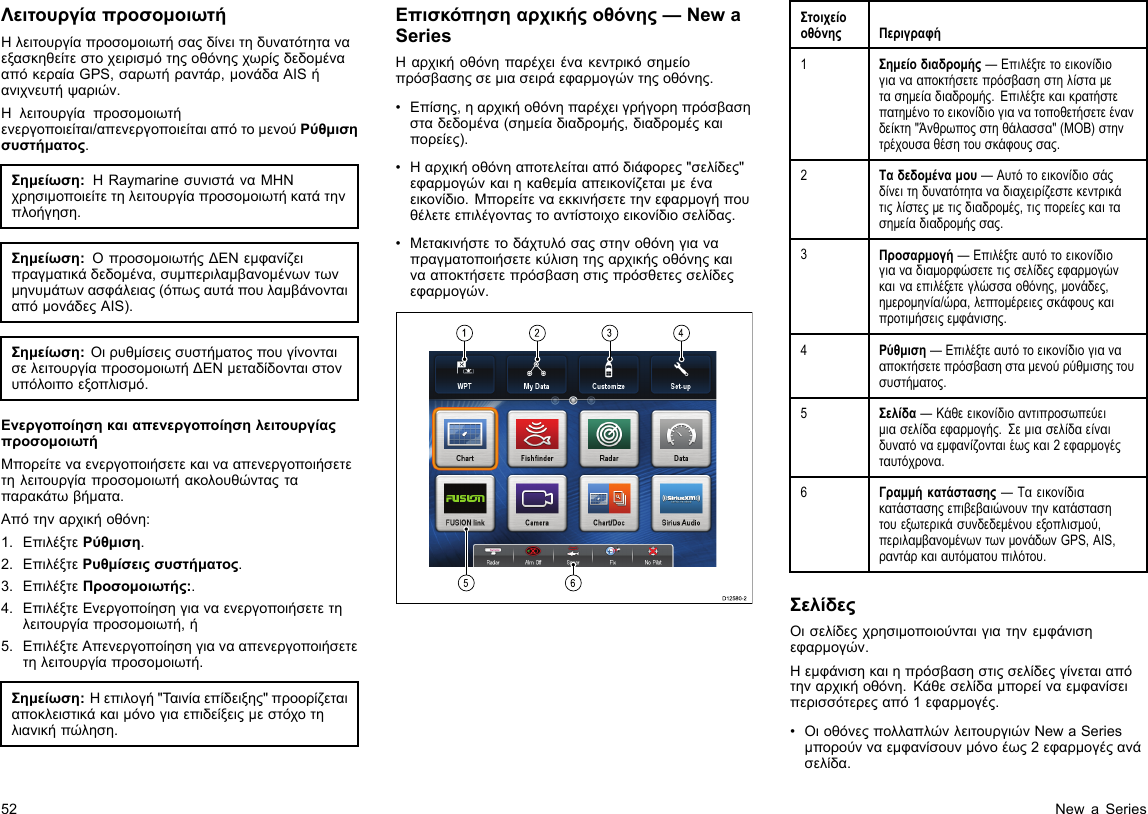 ΛειτουργίαπροσομοιωτήΗλειτουργίαπροσομοιωτήσαςδίνειτηδυνατότηταναεξασκηθείτεστοχειρισμότηςοθόνηςχωρίςδεδομένααπόκεραίαGPS,σαρωτήραντάρ,μονάδαAISήανιχνευτήψαριών.Ηλειτουργίαπροσομοιωτήενεργοποιείται/απενεργοποιείταιαπότομενούΡύθμισησυστήματος.Σημείωση:ΗRaymarineσυνιστάναΜΗΝχρησιμοποιείτετηλειτουργίαπροσομοιωτήκατάτηνπλοήγηση.Σημείωση:ΟπροσομοιωτήςΔΕΝεμφανίζειπραγματικάδεδομένα,συμπεριλαμβανομένωντωνμηνυμάτωνασφάλειας(όπωςαυτάπουλαμβάνονταιαπόμονάδεςAIS).Σημείωση:ΟιρυθμίσειςσυστήματοςπουγίνονταισελειτουργίαπροσομοιωτήΔΕΝμεταδίδονταιστονυπόλοιποεξοπλισμό.ΕνεργοποίησηκαιαπενεργοποίησηλειτουργίαςπροσομοιωτήΜπορείτεναενεργοποιήσετεκαινααπενεργοποιήσετετηλειτουργίαπροσομοιωτήακολουθώνταςταπαρακάτωβήματα.Απότηναρχικήοθόνη:1.ΕπιλέξτεΡύθμιση.2.ΕπιλέξτεΡυθμίσειςσυστήματος.3.ΕπιλέξτεΠροσομοιωτής:.4.ΕπιλέξτεΕνεργοποίησηγιαναενεργοποιήσετετηλειτουργίαπροσομοιωτή,ή5.ΕπιλέξτεΑπενεργοποίησηγιανααπενεργοποιήσετετηλειτουργίαπροσομοιωτή.Σημείωση:Ηεπιλογή&quot;Τ αινίαεπίδειξης&quot;προορίζεταιαποκλειστικάκαιμόνογιαεπιδείξειςμεστόχοτηλιανικήπώληση.Επισκόπησηαρχικήςοθόνης—NewaSeriesΗαρχικήοθόνηπαρέχειένακεντρικόσημείοπρόσβασηςσεμιασειράεφαρμογώντηςοθόνης.•Επίσης,ηαρχικήοθόνηπαρέχειγρήγορηπρόσβασησταδεδομένα(σημείαδιαδρομής,διαδρομέςκαιπορείες).•Ηαρχικήοθόνηαποτελείταιαπόδιάφορες&quot;σελίδες&quot;εφαρμογώνκαιηκαθεμίααπεικονίζεταιμεέναεικονίδιο.Μπορείτεναεκκινήσετετηνεφαρμογήπουθέλετεεπιλέγονταςτοαντίστοιχοεικονίδιοσελίδας.•Μετακινήστετοδάχτυλόσαςστηνοθόνηγιαναπραγματοποιήσετεκύλισητηςαρχικήςοθόνηςκαινααποκτήσετεπρόσβασηστιςπρόσθετεςσελίδεςεφαρμογών.123456D12580-2ΣτοιχείοοθόνηςΠεριγραφή1Σημείοδιαδρομής—Επιλέξτετοεικονίδιογιανααποκτήσετεπρόσβασηστηλίσταμετασημείαδιαδρομής.Επιλέξτεκαικρατήστεπατημένοτοεικονίδιογιανατοποθετήσετεένανδείκτη&quot;Άνθρωποςστηθάλασσα&quot;(ΜΟΒ)στηντρέχουσαθέσητουσκάφουςσας.2Ταδεδομέναμου—Αυτότοεικονίδιοσάςδίνειτηδυνατότηταναδιαχειρίζεστεκεντρικάτιςλίστεςμετιςδιαδρομές,τιςπορείεςκαιτασημείαδιαδρομήςσας.3Προσαρμογή—Επιλέξτεαυτότοεικονίδιογιαναδιαμορφώσετετιςσελίδεςεφαρμογώνκαιναεπιλέξετεγλώσσαοθόνης,μονάδες,ημερομηνία/ώρα,λεπτομέρειεςσκάφουςκαιπροτιμήσειςεμφάνισης.4Ρύθμιση—Επιλέξτεαυτότοεικονίδιογιανααποκτήσετεπρόσβασησταμενούρύθμισηςτουσυστήματος.5Σελίδα—Κάθεεικονίδιοαντιπροσωπεύειμιασελίδαεφαρμογής.Σεμιασελίδαείναιδυνατόναεμφανίζονταιέωςκαι2εφαρμογέςταυτόχρονα.6Γραμμήκατάστασης—Ταεικονίδιακατάστασηςεπιβεβαιώνουντηνκατάστασητουεξωτερικάσυνδεδεμένουεξοπλισμού,περιλαμβανομένωντωνμονάδωνGPS,AIS,ραντάρκαιαυτόματουπιλότου.ΣελίδεςΟισελίδεςχρησιμοποιούνταιγιατηνεμφάνισηεφαρμογών.Ηεμφάνισηκαιηπρόσβασηστιςσελίδεςγίνεταιαπότηναρχικήοθόνη.Κάθεσελίδαμπορείναεμφανίσειπερισσότερεςαπό1εφαρμογές.•ΟιοθόνεςπολλαπλώνλειτουργιώνNewaSeriesμπορούνναεμφανίσουνμόνοέως2εφαρμογέςανάσελίδα.52NewaSeries