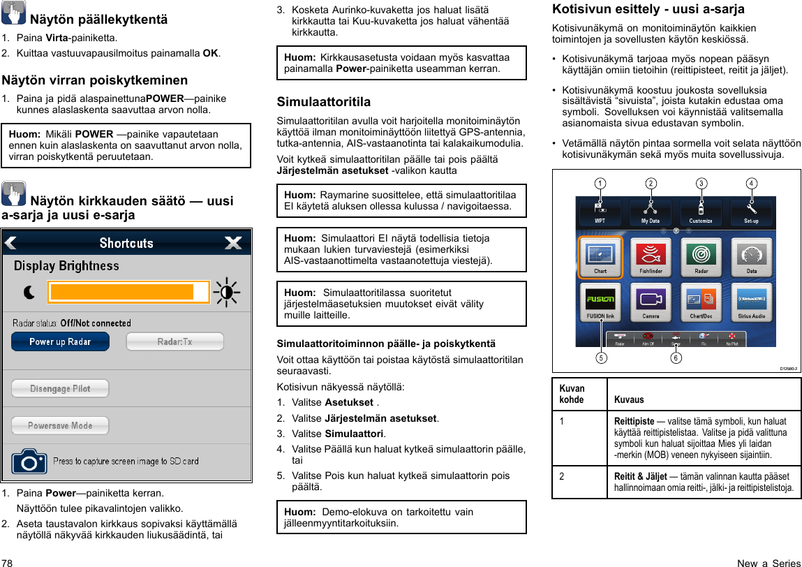 Näytönpäällekytkentä1.PainaVirta-painiketta.2.KuittaavastuuvapausilmoituspainamallaOK.Näytönvirranpoiskytkeminen1.PainajapidäalaspainettunaPOWER—painikekunnesalaslaskentasaavuttaaarvonnolla.Huom:MikäliPOWER—painikevapautetaanennenkuinalaslaskentaonsaavuttanutarvonnolla,virranpoiskytkentäperuutetaan.Näytönkirkkaudensäätö—uusia-sarjajauusie-sarja1.PainaPower—painikettakerran.Näyttööntuleepikavalintojenvalikko.2.Asetataustavalonkirkkaussopivaksikäyttämällänäytöllänäkyvääkirkkaudenliukusäädintä,tai3.KosketaAurinko-kuvakettajoshaluatlisätäkirkkauttataiKuu-kuvakettajoshaluatvähentääkirkkautta.Huom:KirkkausasetustavoidaanmyöskasvattaapainamallaPower-painikettauseammankerran.SimulaattoritilaSimulaattoritilanavullavoitharjoitellamonitoiminäytönkäyttöäilmanmonitoiminäyttöönliitettyäGPS-antennia,tutka-antennia,AIS-vastaanotintataikalakaikumodulia.VoitkytkeäsimulaattoritilanpäälletaipoispäältäJärjestelmänasetukset-valikonkauttaHuom:Raymarinesuosittelee,ettäsimulaattoritilaaEIkäytetäaluksenollessakulussa/navigoitaessa.Huom:SimulaattoriEInäytätodellisiatietojamukaanlukienturvaviestejä(esimerkiksiAIS-vastaanottimeltavastaanotettujaviestejä).Huom:Simulaattoritilassasuoritetutjärjestelmäasetuksienmuutokseteivätvälitymuillelaitteille.Simulaattoritoiminnonpäälle-japoiskytkentäVoitottaakäyttööntaipoistaakäytöstäsimulaattoritilanseuraavasti.Kotisivunnäkyessänäytöllä:1.ValitseAsetukset.2.ValitseJärjestelmänasetukset.3.ValitseSimulaattori.4.ValitsePäälläkunhaluatkytkeäsimulaattorinpäälle,tai5.ValitsePoiskunhaluatkytkeäsimulaattorinpoispäältä.Huom:Demo-elokuvaontarkoitettuvainjälleenmyyntitarkoituksiin.Kotisivunesittely-uusia-sarjaKotisivunäkymäonmonitoiminäytönkaikkientoimintojenjasovellustenkäytönkeskiössä.•Kotisivunäkymätarjoaamyösnopeanpääsynkäyttäjänomiintietoihin(reittipisteet,reititjajäljet).•Kotisivunäkymäkoostuujoukostasovelluksiasisältävistä“sivuista”,joistakutakinedustaaomasymboli.Sovelluksenvoikäynnistäävalitsemallaasianomaistasivuaedustavansymbolin.•Vetämällänäytönpintaasormellavoitselatanäyttöönkotisivunäkymänsekämyösmuitasovellussivuja.123456D12580-2KuvankohdeKuvaus1Reittipiste—valitsetämäsymboli,kunhaluatkäyttääreittipistelistaa.ValitsejapidävalittunasymbolikunhaluatsijoittaaMiesylilaidan-merkin(MOB)veneennykyiseensijaintiin.2Reitit&amp;Jäljet—tämänvalinnankauttapääsethallinnoimaanomiareitti-,jälki-jareittipistelistoja.78NewaSeries