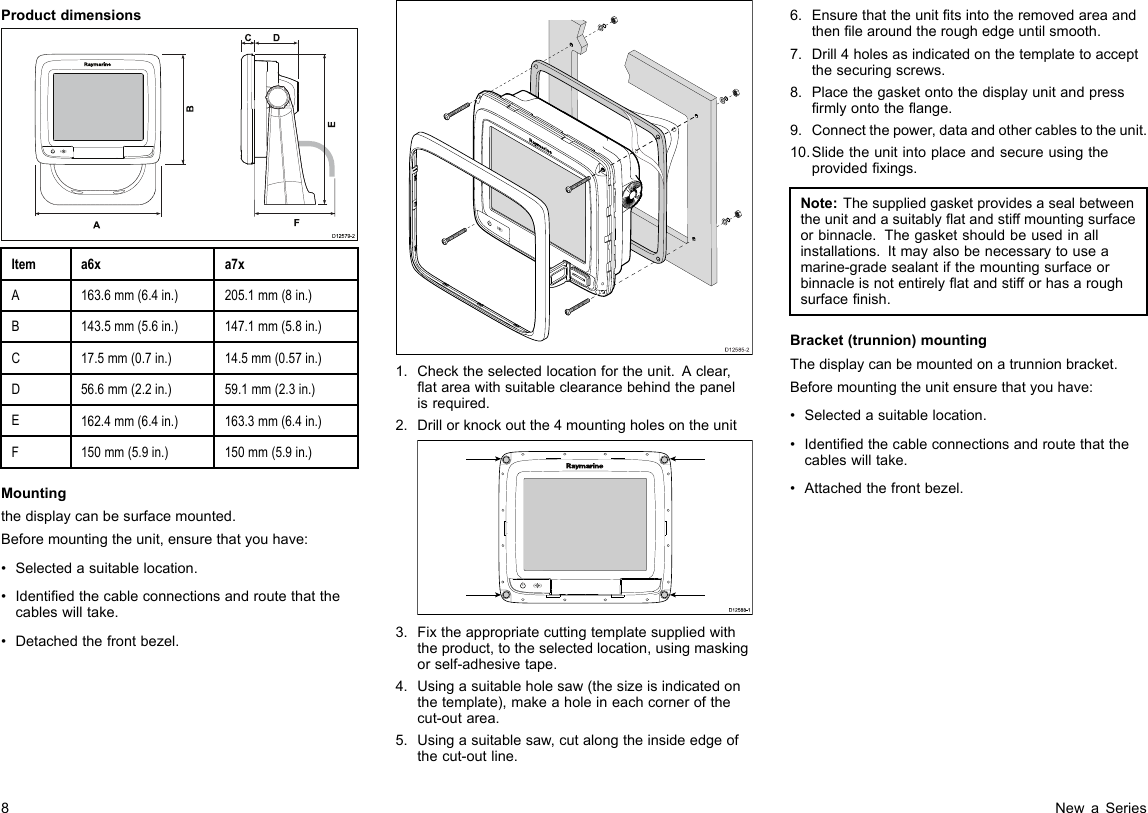 ProductdimensionsD12579-2ADCF   BEItema6xa7xA163.6mm(6.4in.)205.1mm(8in.)B143.5mm(5.6in.)147.1mm(5.8in.)C17.5mm(0.7in.)14.5mm(0.57in.)D56.6mm(2.2in.)59.1mm(2.3in.)E162.4mm(6.4in.)163.3mm(6.4in.)F150mm(5.9in.)150mm(5.9in.)Mountingthedisplaycanbesurfacemounted.Beforemountingtheunit,ensurethatyouhave:•Selectedasuitablelocation.•Identiedthecableconnectionsandroutethatthecableswilltake.•Detachedthefrontbezel.D12585-201.Checktheselectedlocationfortheunit.Aclear,atareawithsuitableclearancebehindthepanelisrequired.2.Drillorknockoutthe4mountingholesontheunitD12 588 -10000003.Fixtheappropriatecuttingtemplatesuppliedwiththeproduct,totheselectedlocation,usingmaskingorself-adhesivetape.4.Usingasuitableholesaw(thesizeisindicatedonthetemplate),makeaholeineachcornerofthecut-outarea.5.Usingasuitablesaw,cutalongtheinsideedgeofthecut-outline.6.Ensurethattheunittsintotheremovedareaandthenlearoundtheroughedgeuntilsmooth.7.Drill4holesasindicatedonthetemplatetoacceptthesecuringscrews.8.Placethegasketontothedisplayunitandpressrmlyontotheange.9.Connectthepower,dataandothercablestotheunit.10.Slidetheunitintoplaceandsecureusingtheprovidedxings.Note:Thesuppliedgasketprovidesasealbetweentheunitandasuitablyatandstiffmountingsurfaceorbinnacle.Thegasketshouldbeusedinallinstallations.Itmayalsobenecessarytouseamarine-gradesealantifthemountingsurfaceorbinnacleisnotentirelyatandstifforhasaroughsurfacenish.Bracket(trunnion)mountingThedisplaycanbemountedonatrunnionbracket.Beforemountingtheunitensurethatyouhave:•Selectedasuitablelocation.•Identiedthecableconnectionsandroutethatthecableswilltake.•Attachedthefrontbezel.8NewaSeries