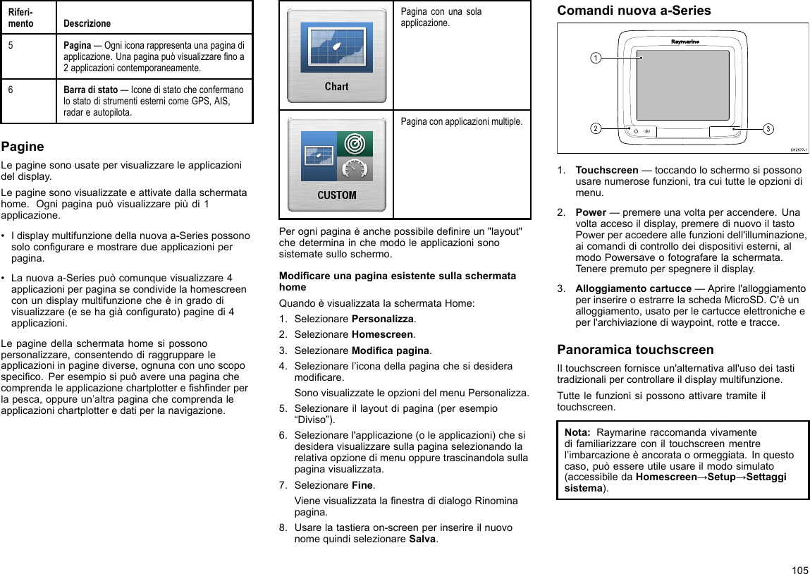 Riferi-mentoDescrizione5Pagina—Ogniiconarappresentaunapaginadiapplicazione.Unapaginapuòvisualizzarenoa2applicazionicontemporaneamente.6Barradistato—IconedistatocheconfermanolostatodistrumentiesternicomeGPS,AIS,radareautopilota.PagineLepaginesonousatepervisualizzareleapplicazionideldisplay.Lepaginesonovisualizzateeattivatedallaschermatahome.Ognipaginapuòvisualizzarepiùdi1applicazione.•Idisplaymultifunzionedellanuovaa-Seriespossonosolocongurareemostraredueapplicazioniperpagina.•Lanuovaa-Seriespuòcomunquevisualizzare4applicazioniperpaginasecondividelahomescreenconundisplaymultifunzionecheèingradodivisualizzare(esehagiàcongurato)paginedi4applicazioni.Lepaginedellaschermatahomesipossonopersonalizzare,consentendodiraggruppareleapplicazioniinpaginediverse,ognunaconunoscopospecico.Peresempiosipuòavereunapaginachecomprendaleapplicazionechartplottereshnderperlapesca,oppureun’altrapaginachecomprendaleapplicazionichartplotteredatiperlanavigazione.Paginaconunasolaapplicazione.Paginaconapplicazionimultiple.Perognipaginaèanchepossibiledenireun&quot;layout&quot;chedeterminainchemodoleapplicazionisonosistematesulloschermo.ModicareunapaginaesistentesullaschermatahomeQuandoèvisualizzatalaschermataHome:1.SelezionarePersonalizza.2.SelezionareHomescreen.3.SelezionareModicapagina.4.Selezionarel’iconadellapaginachesidesideramodicare.SonovisualizzateleopzionidelmenuPersonalizza.5.Selezionareillayoutdipagina(peresempio“Diviso”).6.Selezionarel&apos;applicazione(oleapplicazioni)chesidesideravisualizzaresullapaginaselezionandolarelativaopzionedimenuoppuretrascinandolasullapaginavisualizzata.7.SelezionareFine.VienevisualizzatalanestradidialogoRinominapagina.8.Usarelatastieraon-screenperinserireilnuovonomequindiselezionareSalva.Comandinuovaa-SeriesD12 577 -13121.Touchscreen—toccandoloschermosipossonousarenumerosefunzioni,tracuitutteleopzionidimenu.2.Power—premereunavoltaperaccendere.Unavoltaaccesoildisplay,premeredinuovoiltastoPowerperaccedereallefunzionidell&apos;illuminazione,aicomandidicontrollodeidispositiviesterni,almodoPowersaveofotografarelaschermata.Tenerepremutoperspegnereildisplay.3.Alloggiamentocartucce—Aprirel&apos;alloggiamentoperinserireoestrarrelaschedaMicroSD.C&apos;èunalloggiamento,usatoperlecartucceelettronicheeperl&apos;archiviazionediwaypoint,rotteetracce.PanoramicatouchscreenIltouchscreenfornisceun&apos;alternativaall&apos;usodeitastitradizionalipercontrollareildisplaymultifunzione.Tuttelefunzionisipossonoattivaretramiteiltouchscreen.Nota:Raymarineraccomandavivamentedifamiliarizzareconiltouchscreenmentrel’imbarcazioneèancorataoormeggiata.Inquestocaso,puòessereutileusareilmodosimulato(accessibiledaHomescreen→Setup→Settaggisistema).105