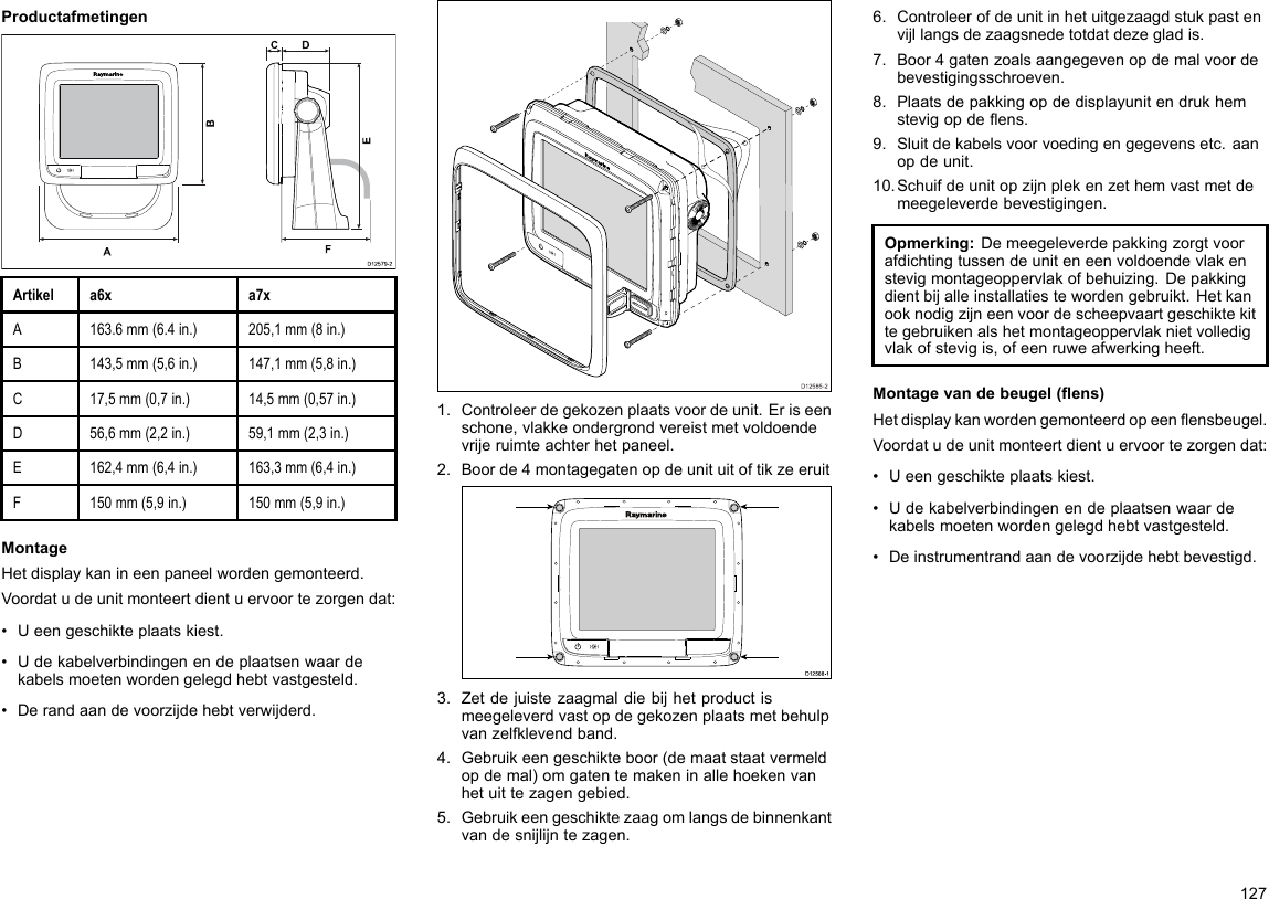 ProductafmetingenD12579-2ADCF   BEArtikela6xa7xA163.6mm(6.4in.)205,1mm(8in.)B143,5mm(5,6in.)147,1mm(5,8in.)C17,5mm(0,7in.)14,5mm(0,57in.)D56,6mm(2,2in.)59,1mm(2,3in.)E162,4mm(6,4in.)163,3mm(6,4in.)F150mm(5,9in.)150mm(5,9in.)MontageHetdisplaykanineenpaneelwordengemonteerd.Voordatudeunitmonteertdientuervoortezorgendat:•Ueengeschikteplaatskiest.•Udekabelverbindingenendeplaatsenwaardekabelsmoetenwordengelegdhebtvastgesteld.•Derandaandevoorzijdehebtverwijderd.D12585-201.Controleerdegekozenplaatsvoordeunit.Eriseenschone,vlakkeondergrondvereistmetvoldoendevrijeruimteachterhetpaneel.2.Boorde4montagegatenopdeunituitoftikzeeruitD12 588 -10000003.Zetdejuistezaagmaldiebijhetproductismeegeleverdvastopdegekozenplaatsmetbehulpvanzelfklevendband.4.Gebruikeengeschikteboor(demaatstaatvermeldopdemal)omgatentemakeninallehoekenvanhetuittezagengebied.5.Gebruikeengeschiktezaagomlangsdebinnenkantvandesnijlijntezagen.6.Controleerofdeunitinhetuitgezaagdstukpastenvijllangsdezaagsnedetotdatdezegladis.7.Boor4gatenzoalsaangegevenopdemalvoordebevestigingsschroeven.8.Plaatsdepakkingopdedisplayunitendrukhemstevigopdeens.9.Sluitdekabelsvoorvoedingengegevensetc.aanopdeunit.10.Schuifdeunitopzijnplekenzethemvastmetdemeegeleverdebevestigingen.Opmerking:Demeegeleverdepakkingzorgtvoorafdichtingtussendeuniteneenvoldoendevlakenstevigmontageoppervlakofbehuizing.Depakkingdientbijalleinstallatiestewordengebruikt.Hetkanooknodigzijneenvoordescheepvaartgeschiktekittegebruikenalshetmontageoppervlaknietvolledigvlakofstevigis,ofeenruweafwerkingheeft.Montagevandebeugel(ens)Hetdisplaykanwordengemonteerdopeenensbeugel.Voordatudeunitmonteertdientuervoortezorgendat:•Ueengeschikteplaatskiest.•Udekabelverbindingenendeplaatsenwaardekabelsmoetenwordengelegdhebtvastgesteld.•Deinstrumentrandaandevoorzijdehebtbevestigd.127
