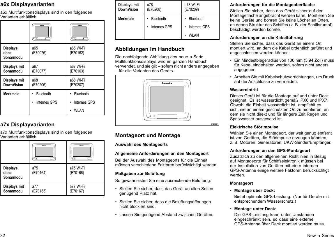 a6xDisplayvariantena6xMultifunktionsdisplayssindindenfolgendenVariantenerhältlich:DisplaysohneSonarmodula65(E70076)a65Wi-Fi(E70162)DisplaysmitSonarmodula67(E70077)a67Wi-Fi(E70163)DisplaysmitDownVisiona68(E70206)a68Wi-Fi(E70207)Merkmale•Bluetooth•InternesGPS•Bluetooth•InternesGPS•WLANa7xDisplayvariantena7xMultifunktionsdisplayssindindenfolgendenVariantenerhältlich:DisplaysohneSonarmodula75(E70164)a75Wi-Fi(E70166)DisplaysmitSonarmodula77(E70165)a77Wi-Fi(E70167)DisplaysmitDownVisiona78(E70208)a78Wi-Fi(E70209)Merkmale•Bluetooth•InternesGPS•Bluetooth•InternesGPS•WLANAbbildungenimHandbuchDienachfolgendeAbbildungdesneuea-SerieMultifunktionsdisplayswirdimganzenHandbuchverwendet,undsiegilt–sofernnichtandersangegeben–füralleVariantendesGeräts.D12823-1MontageortundMontageAuswahldesMontageortsAllgemeineAnforderungenandenMontageortBeiderAuswahldesMontageortsfürdieEinheitmüssenverschiedeneFaktorenberücksichtigtwerden.MaßgabenzurBelüftungSogewährleistenSieeineausreichendeBelüftung:•StellenSiesicher,dassdasGerätanallenSeitengenügendPlatzhat.•StellenSiesicher,dassdieBelüftungsöffnungennichtblockiertsind.•LassenSiegenügendAbstandzwischenGeräten.AnforderungenfürdieMontageoberächeStellenSiesicher,dassdasGerätsicheraufderMontageächeangebrachtwerdenkann.MontierenSiekeineGeräteundbohrenSiekeineLöcheranOrten,andenenStrukturdesSchiffes(z.B.derSchiffsrumpf)beschädigtwerdenkönnte.AnforderungenandieKabelführungStellenSiesicher,dassdasGerätaneinemOrtmontiertwird,andemdieKabelordentlichgeführtundangeschlossenwerdenkönnen:•EinMindestbiegeradiusvon100mm(3,94Zoll)mussfürKabeleingehaltenwerden,sofernnichtandersangegeben.•ArbeitenSiemitKabelschutzvorrichtungen,umDruckaufdieAnschlüssezuvermeiden.WassereintrittDiesesGerätistfürdieMontageaufundunterDeckgeeignet.EsistwasserdichtgemäßIPX6undIPX7.ObwohldieEinheitwasserdichtist,empehltessich,sieaneinemgeschütztenOrtzumontieren,andemsienichtdirektundfürlängereZeitRegenundSpritzwasserausgesetztist.ElektrischeStörimpulseWählenSieeinenMontageort,derweitgenugentferntistvonGeräten,dieStörimpulseerzeugenkönnten,z.B.Motoren,Generatoren,UKW-Sender/Empfänger.AnforderungenandenGPS-MontageortZusätzlichzudenallgemeinenRichtlinieninBezugaufMontageortefürSchiffselektronikmüssenbeiderInstallationvonGerätenmiteinerinternenGPS-AntenneeinigeweitereFaktorenberücksichtigtwerden.Montageort•MontageüberDeck:BietetoptimaleGPS-Leistung.(NurfürGerätemitentsprechendemWasserschutz.)•MontageunterDeck:DieGPS-LeistungkannunterUmständeneingeschränktsein,sodasseineexterneGPS-AntenneüberDeckmontiertwerdenmuss.32NewaSeries