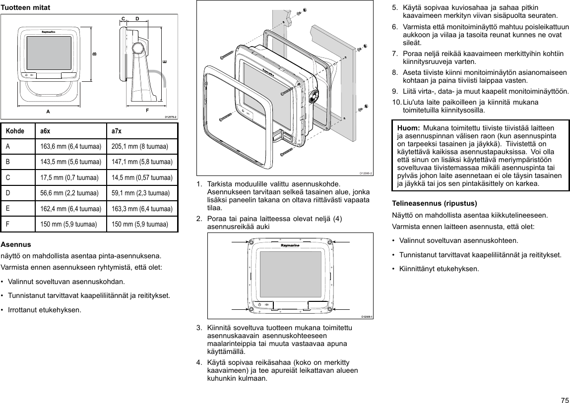 TuotteenmitatD12579-2ADCF   BEKohdea6xa7xA163,6mm(6,4tuumaa)205,1mm(8tuumaa)B143,5mm(5,6tuumaa)147,1mm(5,8tuumaa)C17,5mm(0,7tuumaa)14,5mm(0,57tuumaa)D56,6mm(2,2tuumaa)59,1mm(2,3tuumaa)E162,4mm(6,4tuumaa)163,3mm(6,4tuumaa)F150mm(5,9tuumaa)150mm(5,9tuumaa)Asennusnäyttöonmahdollistaasentaapinta-asennuksena.Varmistaennenasennukseenryhtymistä,ettäolet:•Valinnutsoveltuvanasennuskohdan.•Tunnistanuttarvittavatkaapeliliitännätjareititykset.•Irrottanutetukehyksen.D12585-201.Tarkistamoduulillevalittuasennuskohde.Asennukseentarvitaanselkeätasainenalue,jonkalisäksipaneelintakanaonoltavariittävästivapaatatilaa.2.Poraataipainalaitteessaolevatneljä(4)asennusreikääaukiD12 588 -10000003.Kiinnitäsoveltuvatuotteenmukanatoimitettuasennuskaavainasennuskohteeseenmaalarinteippiataimuutavastaavaaapunakäyttämällä.4.Käytäsopivaareikäsahaa(kokoonmerkittykaavaimeen)jateeapureiätleikattavanalueenkuhunkinkulmaan.5.Käytäsopivaakuviosahaajasahaapitkinkaavaimeenmerkitynviivansisäpuoltaseuraten.6.Varmistaettämonitoiminäyttömahtuupoisleikattuunaukkoonjaviilaajatasoitareunatkunnesneovatsileät.7.Poraaneljäreikääkaavaimeenmerkittyihinkohtiinkiinnitysruuvejavarten.8.Asetatiivistekiinnimonitoiminäytönasianomaiseenkohtaanjapainatiiviistilaippaavasten.9.Liitävirta-,data-jamuutkaapelitmonitoiminäyttöön.10.Liu&apos;utalaitepaikoilleenjakiinnitämukanatoimitetuillakiinnitysosilla.Huom:Mukanatoimitettutiivistetiivistäälaitteenjaasennuspinnanvälisenraon(kunasennuspintaontarpeeksitasainenjajäykkä).Tiivistettäonkäytettäväkaikissaasennustapauksissa.Voiollaettäsinunonlisäksikäytettävämeriympäristöönsoveltuvaatiivistemassaamikäliasennuspintataipylväsjohonlaiteasennetaaneioletäysintasainenjajäykkätaijossenpintakäsittelyonkarkea.Telineasennus(ripustus)Näyttöonmahdollistaasentaakiikkutelineeseen.Varmistaennenlaitteenasennusta,ettäolet:•Valinnutsoveltuvanasennuskohteen.•Tunnistanuttarvittavatkaapeliliitännätjareititykset.•Kiinnittänytetukehyksen.75