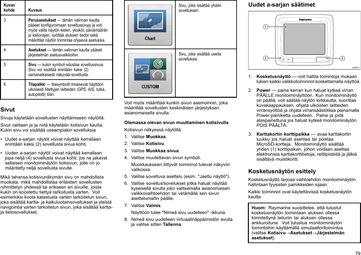 KuvankohdeKuvaus3Perusasetukset—tämänvalinnankauttapääsetkonguroimaansovellussivujajavoitmyösvalitanäytönkielen,yksiköt,päivämääränjakellonajan,syöttääaluksentiedotsekämäärittäänäytöntoimintaaohjaaviaasetuksia.4Asetukset—tämänvalinnankauttapääsetjärjestelmänasetusvalikkoihin.5Sivu—kukinsymboliedustaasovellussivua.Sivuvoisisältääenintäänkaksi(2)samanaikaisestinäkyvääsovellusta.6Tilapalkki—tilasymbolitilmaisevatnäyttöönulkoisestiliitettyjenlaitteiden(GPS,AIS,tutka,autopilotti)tilan.SivutSivujakäytetäänsovellustennäyttämiseennäytöllä.Sivutvalitaanjajaniitäkäytetäänkotisivunkautta.Kukinsivuvoisisältääuseampiakinsovelluksia•Uudete-sarjannäytötvoivatnäyttääkerrallaanenintäänkaksi(2)sovellustasivuakohti.•Uudena-sarjannäytötvoivatnäyttääkerrallaanjopaneljä(4)sovellustasivuakohti,josnejakavatsellaisenmonitoiminäytönkotisivun,jolleonjomääritettyneljäsovellustasivulle.Mikätahansakotisivunäkymänsivuonmahdollistamuokata,mikämahdollistaaerilaistensovellustenryhmittelynyhdessätaierikseenerisivuille,joistakukinonkoostettutiettyätarkoitustavarten.Voitesimerkiksikootakalastustavartentarkoitetunsivun,jokasisältääkartta-jakaikuluotainsovelluksetjayleistänavigointiavartentarkoitetunsivun,jokasisältääkartta-jatietosovellukset.Sivu,jokasisältääyhdensovelluksen.Sivu,jokasisältääuseitasovelluksia.Voitmyösmäärittääkunkinsivunasemoinnin,jokamäärittääsovellustenkeskinäisenjärjestyksenasianomaisellasivulla.OlemassaolevansivunmuuttaminenkotisivullaKotisivunnäkyessänäytöllä:1.ValitseMuokkaa.2.ValitseKotisivu.3.ValitseMuokkaasivua.4.Valitsemuutettavansivunsymboli.Muokkaukseenliittyvättoiminnottulevatnäkyviinvalikossa.5.Valitsesoveltuvaasettelu(esim.&quot;Jaettunäyttö&quot;).6.Valitsesovellus/soveluksetjotkahaluatnäyttääkyseiselläsivullajokovalitsemallaasianomaisenvalikkovaihtoehdontaivetämälläsensivunasettelumallinpäälle.7.ValitseValmis.Näyttööntulee&quot;Nimeäsivuuudelleen&quot;-ikkuna.8.NimeäsivuuudelleenvirtuaalinäppäimistönavullajavalitsesittenTallenna.Uudeta-sarjansäätimetD12 577 -13121.Kosketusnäyttö—voithallitatoimintojamukaanlukienkaikkivalikkotoiminnotkoskettamallanäyttöä.2.Power—painakerrankunhaluatkytkeävirranPÄÄLLEmonitoiminäyttöön.Kunmonitoiminäyttöonpäällä,voitsäätäänäytönkirkkautta,suorittaakuvakaappauksen,ohjataulkoistenlaitteidenvirransyöttöäjaohjatavirransäästötilaapainamallaPower-painikettauudelleen.PainajapidäalaspainettunajoshaluatkytkeämonitoiminäytönPOISPÄÄLTÄ.3.Karttakortinkorttipaikka—avaakarttakortinluukkujoshaluatasentaataipoistaaMicroSD-kortteja.Monitoiminäyttösisältääyhden(1)korttipaikan,johonvoidaanasettaaelektronisiakarttakorttitietoja,reittipisteitäjajälkiäsisältävämuistikortti.KosketusnäytönesittelyKosketusnäyttötarjoaavaihtoehdonmonitoiminäytönhallintaanfyysistenpainikkeidensijaan.KaikkitoiminnotovatkäytettävissäkosketusnäytönkauttaHuom:Raymarinesuosittelee,ettätutustutkosketusnäytöntoimintaanaluksenollessakiinnitettynälaituriintaialuksenollessaankkuroituna.Voittutustuamonitoiminäytöntoimintoihinkäyttämälläsimulaattoritoimintoa(valitseKotisivu→Asetukset→Järjestelmänasetukset).79
