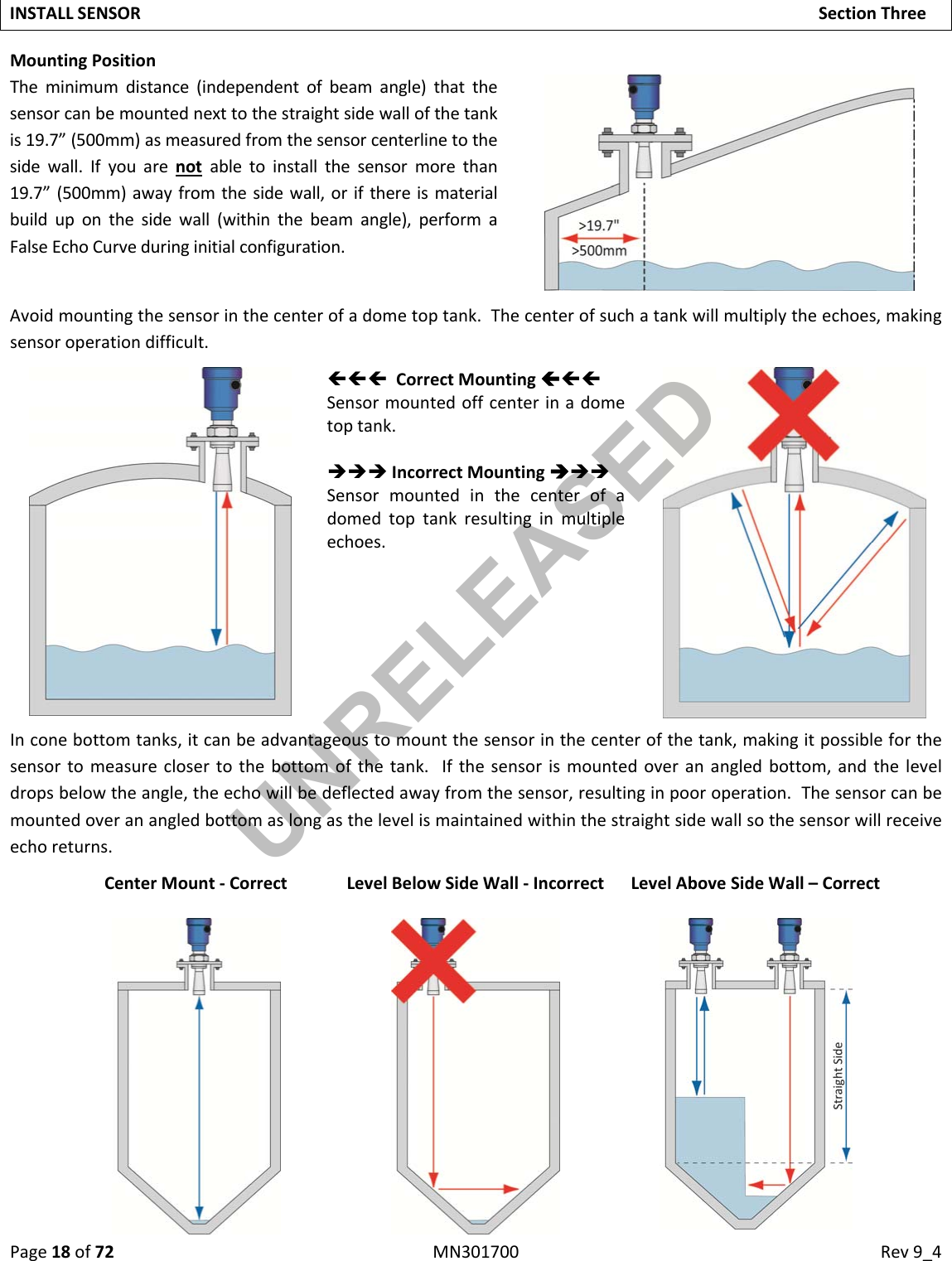 Page18of72MN301700Rev9_4INSTALLSENSORSectionThreeMountingPositionTheminimumdistance(independentofbeamangle)thatthesensorcanbemountednexttothestraightsidewallofthetankis19.7”(500mm)asmeasuredfromthesensorcenterlinetothesidewall.Ifyouarenotabletoinstallthesensormorethan19.7”(500mm)awayfromthesidewall,orifthereismaterialbuilduponthesidewall(withinthebeamangle),performaFalseEchoCurveduringinitialconfiguration.Avoidmountingthesensorinthecenterofadometoptank.Thecenterofsuchatankwillmultiplytheechoes,makingsensoroperationdifficult.CorrectMountingSensormountedoffcenterinadometoptank.IncorrectMountingSensormountedinthecenterofadomedtoptankresultinginmultipleechoes.Inconebottomtanks,itcanbeadvantageoustomountthesensorinthecenterofthetank,makingitpossibleforthesensortomeasureclosertothebottomofthetank.Ifthesensorismountedoveranangledbottom,andtheleveldropsbelowtheangle,theechowillbedeflectedawayfromthesensor,resultinginpooroperation.Thesensorcanbemountedoveranangledbottomaslongasthelevelismaintainedwithinthestraightsidewallsothesensorwillreceiveechoreturns.CenterMount‐CorrectLevelBelowSideWall‐IncorrectLevelAboveSideWall–CorrectUNRELEASED