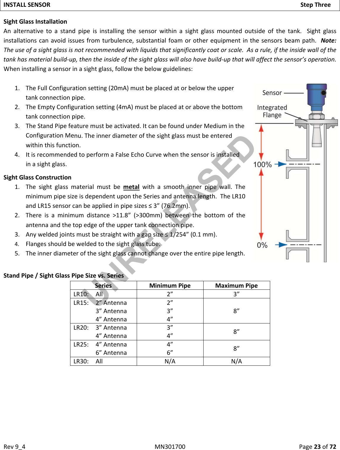 Rev9_4MN301700Page23of72INSTALLSENSORStepThreeSightGlassInstallationAnalternativetoastandpipeisinstallingthesensorwithinasightglassmountedoutsideofthetank.Sightglassinstallationscanavoidissuesfromturbulence,substantialfoamorotherequipmentinthesensorsbeampath.Note:Theuseofasightglassisnotrecommendedwithliquidsthatsignificantlycoatorscale.Asarule,iftheinsidewallofthetankhasmaterialbuild‐up,thentheinsideofthesightglasswillalsohavebuild‐upthatwillaffectthesensor’soperation.Wheninstallingasensorinasightglass,followthebelowguidelines:1. TheFullConfigurationsetting(20mA)mustbeplacedatorbelowtheuppertankconnectionpipe.2. TheEmptyConfigurationsetting(4mA)mustbeplacedatorabovethebottomtankconnectionpipe.3. TheStandPipefeaturemustbeactivated.ItcanbefoundunderMediumintheConfigurationMenu.Theinnerdiameterofthesightglassmustbeenteredwithinthisfunction.4. ItisrecommendedtoperformaFalseEchoCurvewhenthesensorisinstalledinasightglass.SightGlassConstruction1. Thesightglassmaterialmustbemetalwithasmoothinnerpipewall.TheminimumpipesizeisdependentupontheSeriesandantennalength.TheLR10andLR15sensorcanbeappliedinpipesizes≤3”(76.2mm).2. Thereisaminimumdistance&gt;11.8”(&gt;300mm)betweenthebottomoftheantennaandthetopedgeoftheuppertankconnectionpipe.3. Anyweldedjointsmustbestraightwithagapsize≤1/254”(0.1mm).4. Flangesshouldbeweldedtothesightglasstube.5. Theinnerdiameterofthesightglasscannotchangeovertheentirepipelength.StandPipe/SightGlassPipeSizevs.SeriesSeriesMinimumPipeMaximumPipeLR10:All2”3”LR15:2”Antenna3”Antenna4”Antenna2”3”4”8”LR20:3”Antenna4”Antenna3”4”8”LR25:4”Antenna6”Antenna4”6”8”LR30:AllN/AN/AUNRELEASED