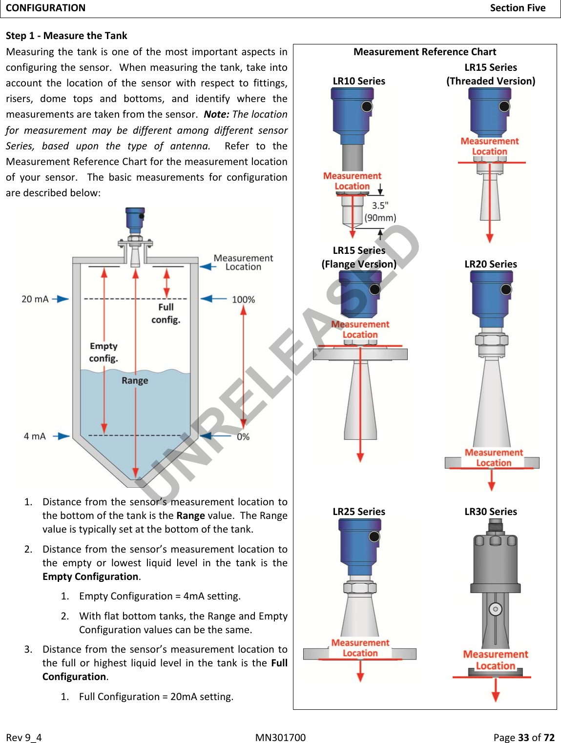 Rev9_4MN301700Page33of72CONFIGURATIONSectionFiveStep1‐MeasuretheTankMeasuringthetankisoneofthemostimportantaspectsinconfiguringthesensor.Whenmeasuringthetank,takeintoaccountthelocationofthesensorwithrespecttofittings,risers,dometopsandbottoms,andidentifywherethemeasurementsaretakenfromthesensor.Note:ThelocationformeasurementmaybedifferentamongdifferentsensorSeries,baseduponthetypeofantenna.RefertotheMeasurementReferenceChartforthemeasurementlocationofyoursensor.Thebasicmeasurementsforconfigurationaredescribedbelow:1. Distancefromthesensor’smeasurementlocationtothebottomofthetankistheRangevalue.TheRangevalueistypicallysetatthebottomofthetank.2. Distancefromthesensor’smeasurementlocationtotheemptyorlowestliquidlevelinthetankistheEmptyConfiguration.1. EmptyConfiguration=4mAsetting.2. Withflatbottomtanks,theRangeandEmptyConfigurationvaluescanbethesame.3. Distancefromthesensor’smeasurementlocationtothefullorhighestliquidlevelinthetankistheFullConfiguration.1. FullConfiguration=20mAsetting.MeasurementReferenceChartLR10SeriesLR15Series(ThreadedVersion)LR15Series(FlangeVersion)LR20SeriesLR25SeriesLR30SeriesUNRELEASED