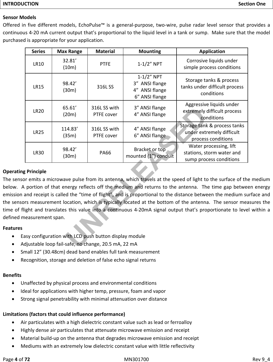 Page4of72MN301700Rev9_4INTRODUCTIONSectionOneSensorModelsOfferedinfivedifferentmodels,EchoPulse™isageneral‐purpose,two‐wire,pulseradarlevelsensorthatprovidesacontinuous4‐20mAcurrentoutputthat’sproportionaltotheliquidlevelinatankorsump.Makesurethatthemodelpurchasedisappropriateforyourapplication.OperatingPrincipleThesensoremitsamicrowavepulsefromitsantenna,whichtravelsatthespeedoflighttothesurfaceofthemediumbelow.Aportionofthatenergyreflectsoffthemediumandreturnstotheantenna.Thetimegapbetweenenergyemissionandreceiptiscalledthe“timeofflight”,andisproportionaltothedistancebetweenthemediumsurfaceandthesensorsmeasurementlocation,whichistypicallylocatedatthebottomoftheantenna.Thesensormeasuresthetimeofflightandtranslatesthisvalueintoacontinuous4‐20mAsignaloutputthat’sproportionatetolevelwithinadefinedmeasurementspan.Features EasyconfigurationwithLCDpushbuttondisplaymodule Adjustableloopfail‐safe,nochange,20.5mA,22mA Small12”(30.48cm)deadbandenablesfulltankmeasurement Recognition,storageanddeletionoffalseechosignalreturnsBenefits Unaffectedbyphysicalprocessandenvironmentalconditions Idealforapplicationswithhighertemp,pressure,foamandvapor StrongsignalpenetrabilitywithminimalattenuationoverdistanceLimitations(factorsthatcouldinfluenceperformance) Airparticulateswithahighdielectricconstantvaluesuchasleadorferroalloy Highlydenseairparticulatesthatattenuatemicrowaveemissionandreceipt Materialbuild‐upontheantennathatdegradesmicrowaveemissionandreceipt MediumswithanextremelylowdielectricconstantvaluewithlittlereflectivitySeriesMaxRangeMaterialMountingApplicationLR1032.81’(10m)PTFE1‐1/2”NPTCorrosiveliquidsundersimpleprocessconditionsLR1598.42’(30m)316LSS1‐1/2”NPT3”ANSIflange4”ANSIflange6”ANSIflangeStoragetanks&amp;processtanksunderdifficultprocessconditionsLR2065.61’(20m)316LSSwithPTFEcover3”ANSIflange4”ANSIflangeAggressiveliquidsunderextremelydifficultprocessconditionsLR25114.83’(35m)316LSSwithPTFEcover4”ANSIflange6”ANSIflangeStoragetank&amp;processtanksunderextremelydifficultprocessconditionsLR3098.42’(30m)PA66Bracketortopmounted(1”)conduitWaterprocessing,liftstations,stormwaterandsumpprocessconditionsUNRELEASED