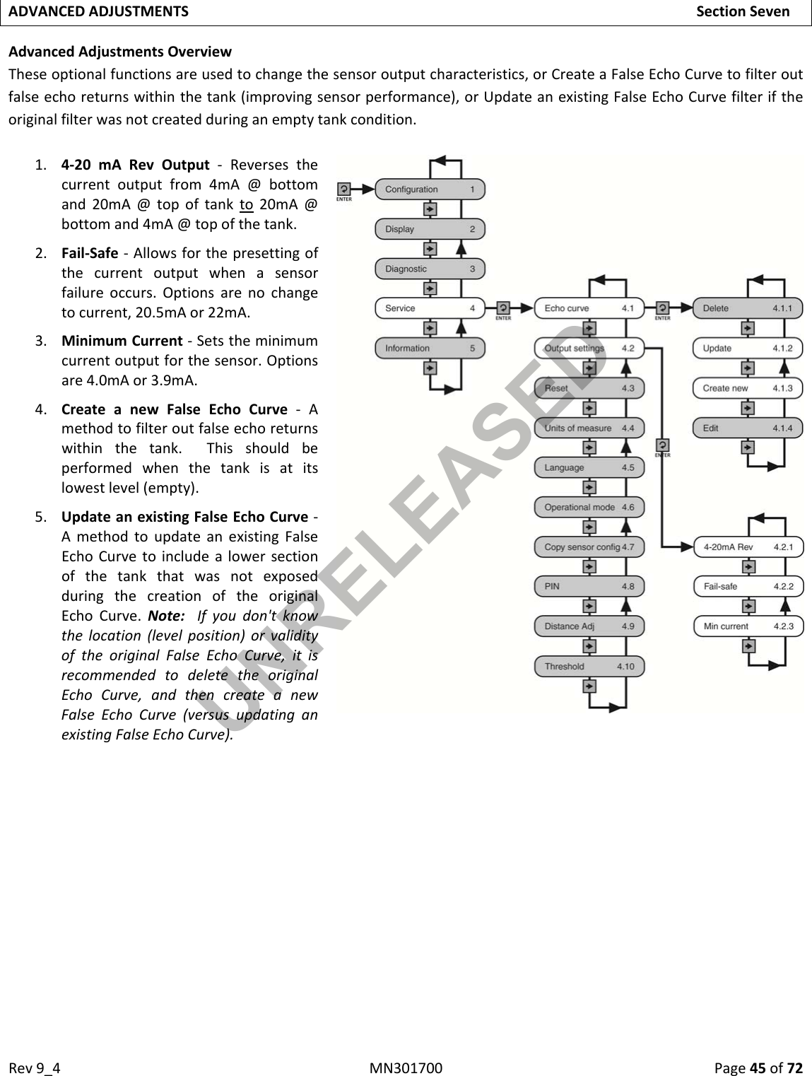 Rev9_4MN301700Page45of72ADVANCEDADJUSTMENTSSectionSevenAdvancedAdjustmentsOverviewTheseoptionalfunctionsareusedtochangethesensoroutputcharacteristics,orCreateaFalseEchoCurvetofilteroutfalseechoreturnswithinthetank(improvingsensorperformance),orUpdateanexistingFalseEchoCurvefilteriftheoriginalfilterwasnotcreatedduringanemptytankcondition.1. 4‐20mARevOutput‐Reversesthecurrentoutputfrom4mA@bottomand20mA@topoftankto20mA@bottomand4mA@topofthetank.2. Fail‐Safe‐Allowsforthepresettingofthecurrentoutputwhenasensorfailureoccurs.Optionsarenochangetocurrent,20.5mAor22mA.3. MinimumCurrent‐Setstheminimumcurrentoutputforthesensor.Optionsare4.0mAor3.9mA.4. CreateanewFalseEchoCurve‐Amethodtofilteroutfalseechoreturnswithinthetank.Thisshouldbeperformedwhenthetankisatitslowestlevel(empty).5. UpdateanexistingFalseEchoCurve‐AmethodtoupdateanexistingFalseEchoCurvetoincludealowersectionofthetankthatwasnotexposedduringthecreationoftheoriginalEchoCurve.Note:Ifyoudon&apos;tknowthelocation(levelposition)orvalidityoftheoriginalFalseEchoCurve,itisrecommendedtodeletetheoriginalEchoCurve,andthencreateanewFalseEchoCurve(versusupdatinganexistingFalseEchoCurve).UNRELEASED