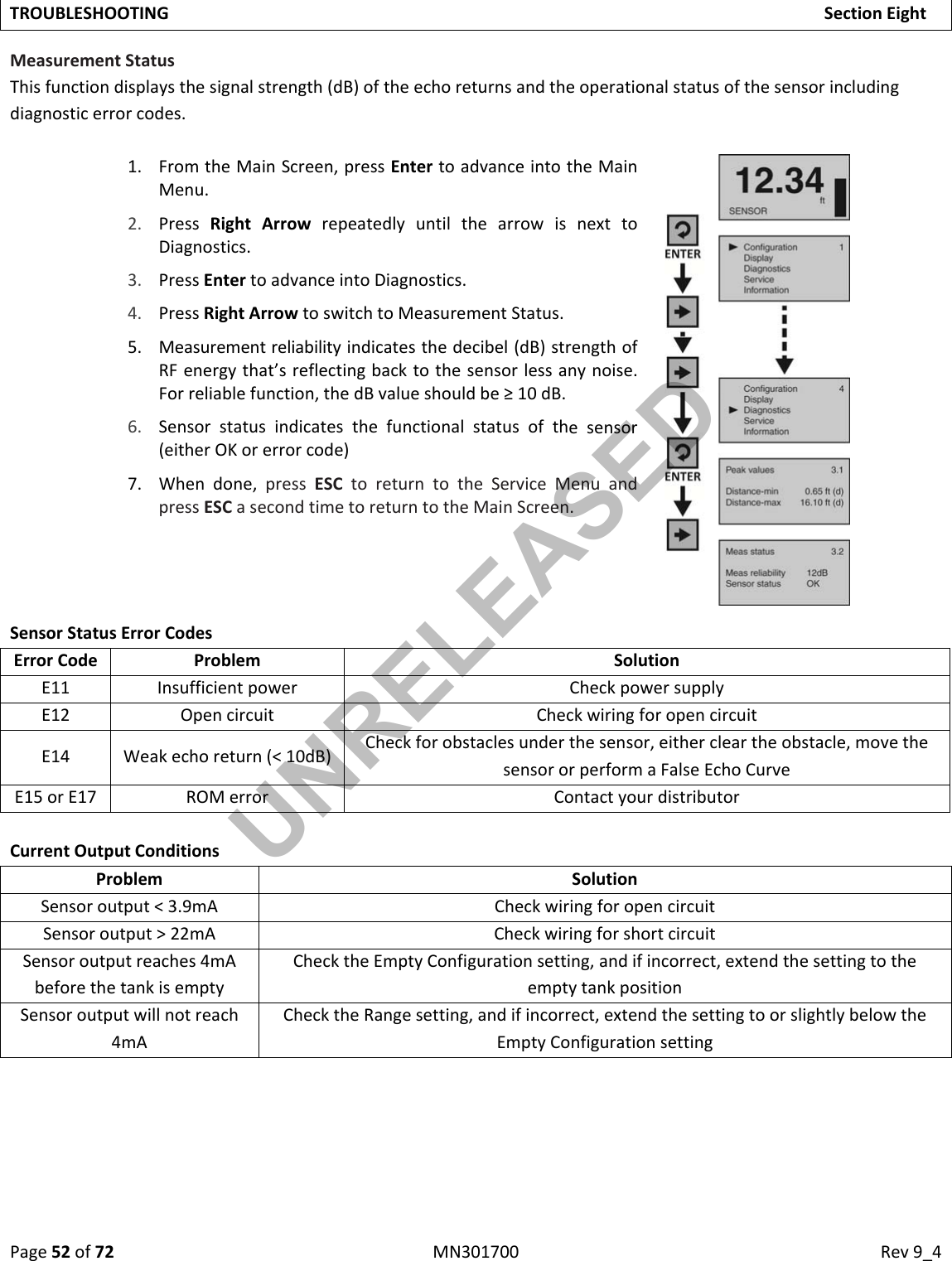 Page52of72MN301700Rev9_4TROUBLESHOOTINGSectionEightMeasurementStatusThisfunctiondisplaysthesignalstrength(dB)oftheechoreturnsandtheoperationalstatusofthesensorincludingdiagnosticerrorcodes.1. FromtheMainScreen,pressEntertoadvanceintotheMainMenu.2. PressRightArrowrepeatedlyuntilthearrowisnexttoDiagnostics.3. PressEntertoadvanceintoDiagnostics.4. PressRightArrowtoswitchtoMeasurementStatus.5. Measurementreliabilityindicatesthedecibel(dB)strengthofRFenergythat’sreflectingbacktothesensorlessanynoise.Forreliablefunction,thedBvalueshouldbe≥10dB.6. Sensorstatusindicatesthefunctionalstatusofthesensor(eitherOKorerrorcode)7. Whendone,pressESCtoreturntotheServiceMenuandpressESCasecondtimetoreturntotheMainScreen.SensorStatusErrorCodesErrorCodeProblemSolutionE11InsufficientpowerCheckpowersupplyE12OpencircuitCheckwiringforopencircuitE14Weakechoreturn(&lt;10dB)Checkforobstaclesunderthesensor,eithercleartheobstacle,movethesensororperformaFalseEchoCurveE15orE17ROMerrorContactyourdistributorCurrentOutputConditionsProblemSolutionSensoroutput&lt;3.9mA Checkwiringforopencircuit Sensoroutput&gt;22mACheckwiringforshortcircuitSensoroutputreaches4mAbeforethetankisemptyChecktheEmptyConfigurationsetting,andifincorrect,extendthesettingtotheemptytankpositionSensoroutputwillnotreach4mAChecktheRangesetting,andifincorrect,extendthesettingtoorslightlybelowtheEmptyConfigurationsettingUNRELEASED