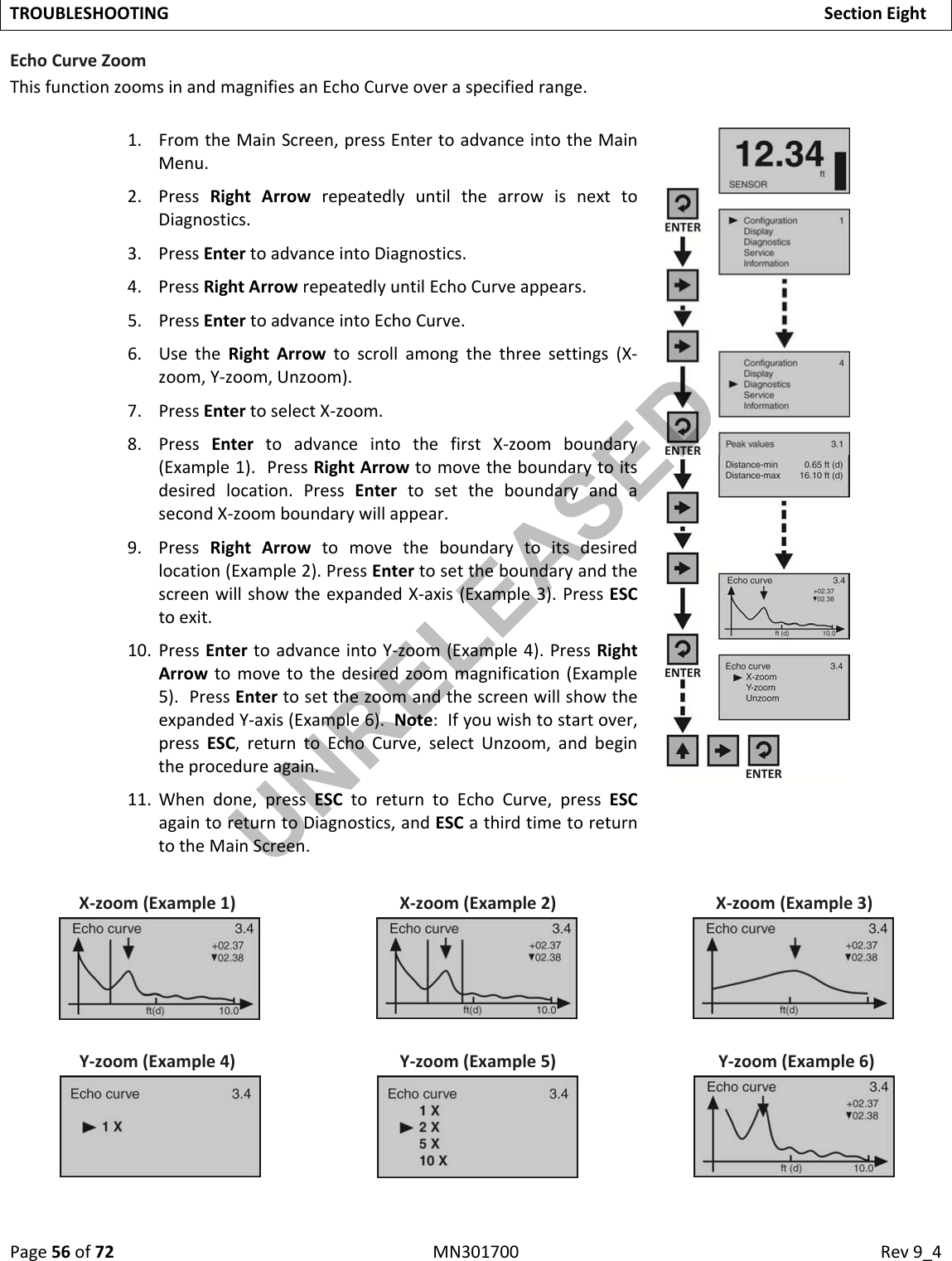 Page56of72MN301700Rev9_4TROUBLESHOOTINGSectionEightEchoCurveZoomThisfunctionzoomsinandmagnifiesanEchoCurveoveraspecifiedrange.1. FromtheMainScreen,pressEntertoadvanceintotheMainMenu.2. PressRightArrowrepeatedlyuntilthearrowisnexttoDiagnostics.3. PressEntertoadvanceintoDiagnostics.4. PressRightArrowrepeatedlyuntilEchoCurveappears.5. PressEntertoadvanceintoEchoCurve.6. UsetheRightArrowtoscrollamongthethreesettings(X‐zoom,Y‐zoom,Unzoom).7. PressEntertoselectX‐zoom.8. PressEntertoadvanceintothefirstX‐zoomboundary(Example1).PressRightArrowtomovetheboundarytoitsdesiredlocation.PressEntertosettheboundaryandasecondX‐zoomboundarywillappear.9. PressRightArrowtomovetheboundarytoitsdesiredlocation(Example2).PressEntertosettheboundaryandthescreenwillshowtheexpandedX‐axis(Example3).PressESCtoexit.10. PressEntertoadvanceintoY‐zoom(Example4).PressRightArrowtomovetothedesiredzoommagnification(Example5).PressEntertosetthezoomandthescreenwillshowtheexpandedY‐axis(Example6).Note:Ifyouwishtostartover,pressESC,returntoEchoCurve,selectUnzoom,andbegintheprocedureagain.11. Whendone,pressESCtoreturntoEchoCurve,pressESCagaintoreturntoDiagnostics,andESCathirdtimetoreturntotheMainScreen.X‐zoom(Example1)X‐zoom(Example2) X‐zoom(Example3)Y‐zoom(Example4)Y‐zoom(Example5)Y‐zoom(Example6)UNRELEASED