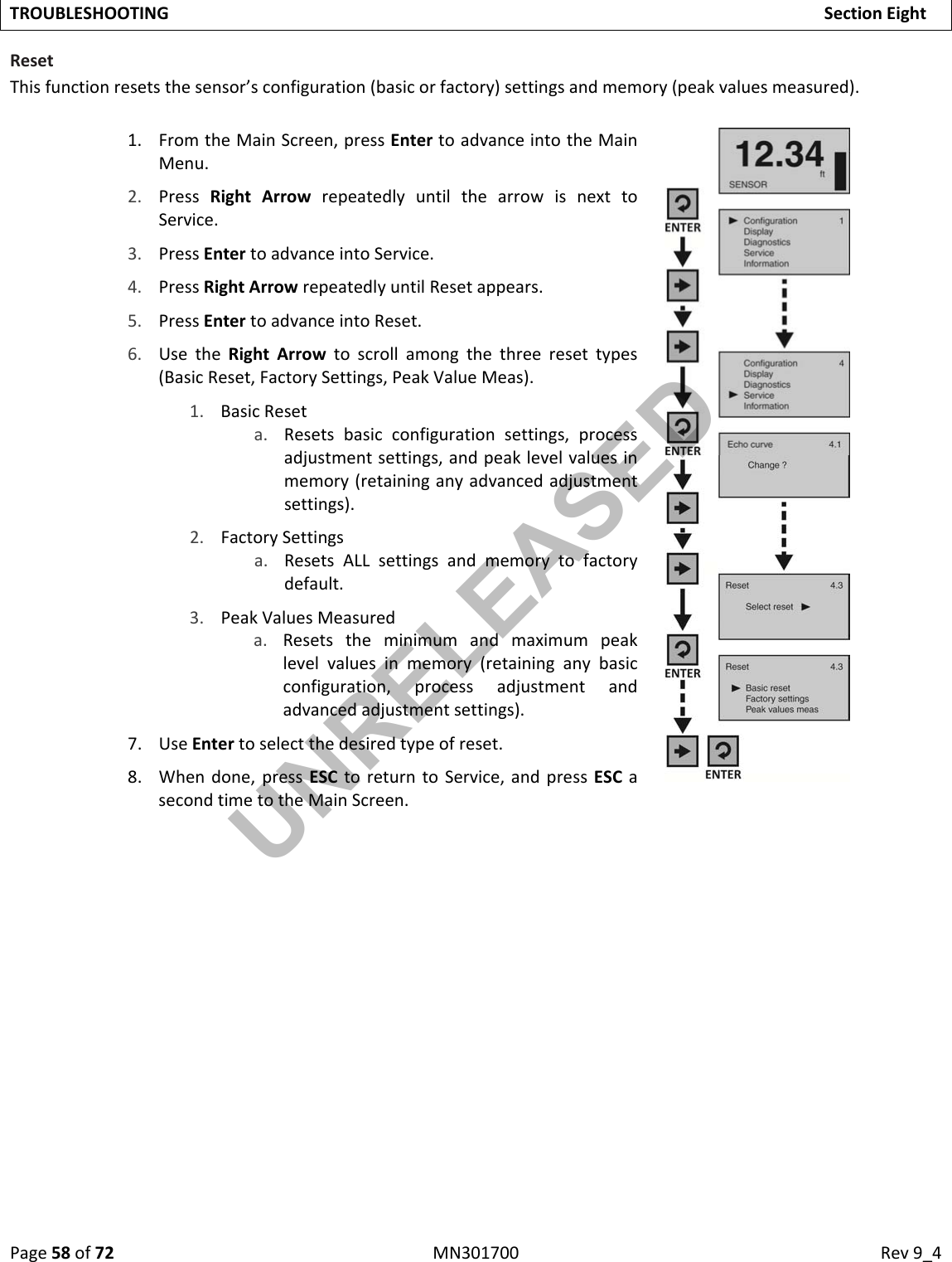 Page58of72MN301700Rev9_4TROUBLESHOOTINGSectionEightResetThisfunctionresetsthesensor’sconfiguration(basicorfactory)settingsandmemory(peakvaluesmeasured).1. FromtheMainScreen,pressEntertoadvanceintotheMainMenu.2. PressRightArrowrepeatedlyuntilthearrowisnexttoService.3. PressEntertoadvanceintoService.4. PressRightArrowrepeatedlyuntilResetappears.5. PressEntertoadvanceintoReset.6. UsetheRightArrowtoscrollamongthethreeresettypes(BasicReset,FactorySettings,PeakValueMeas).1. BasicReseta. Resetsbasicconfigurationsettings,processadjustmentsettings,andpeaklevelvaluesinmemory(retaininganyadvancedadjustmentsettings).2. FactorySettingsa. ResetsALLsettingsandmemorytofactorydefault.3. PeakValuesMeasureda. Resetstheminimumandmaximumpeaklevelvaluesinmemory(retaininganybasicconfiguration,processadjustmentandadvancedadjustmentsettings).7. UseEntertoselectthedesiredtypeofreset.8. Whendone,pressESCtoreturntoService,andpressESCasecondtimetotheMainScreen.UNRELEASED