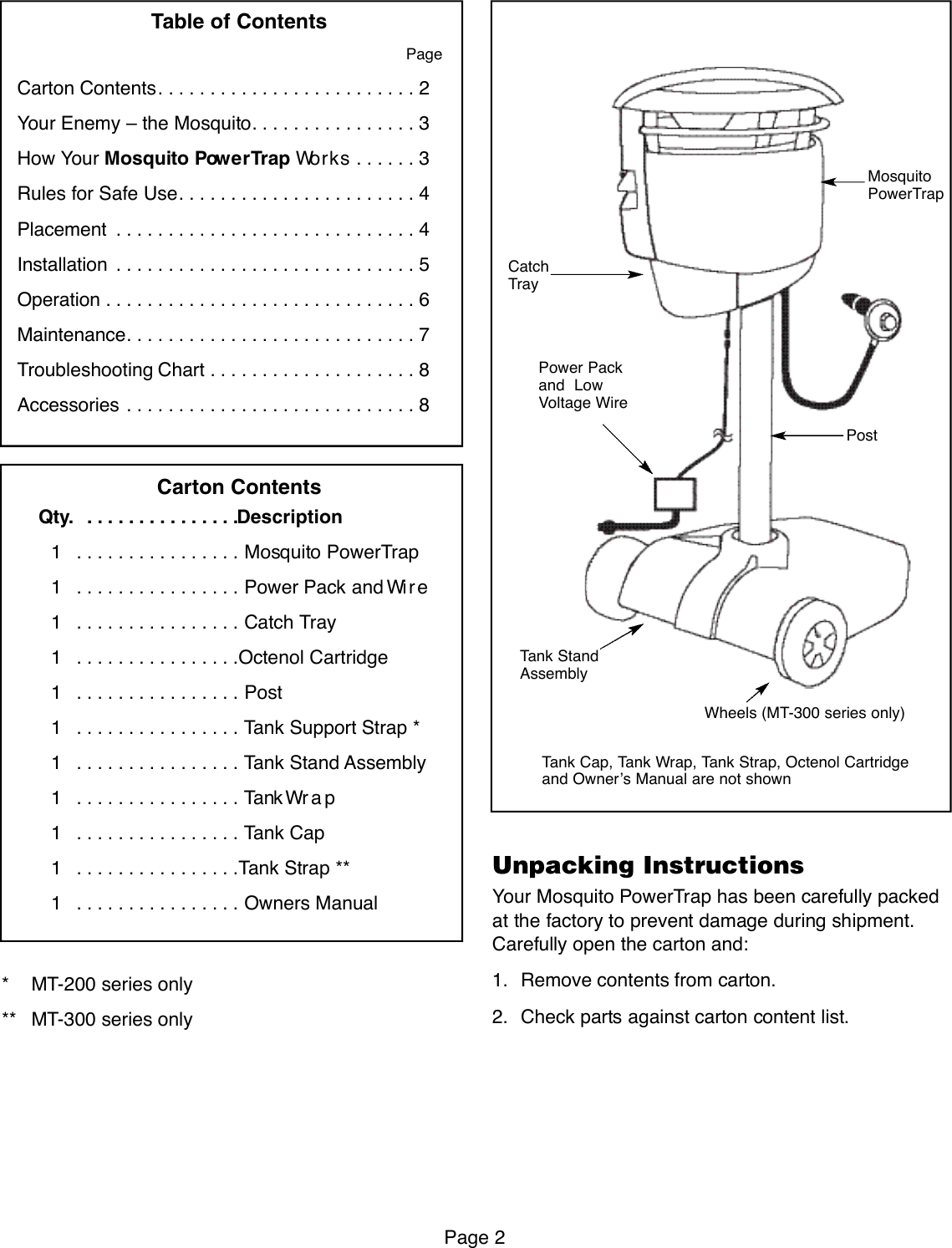 Page 2 of 8 - Flowtron-Outdoor-Products Flowtron-Outdoor-Products-Mosquito-Powertrap-Mt-200-Series-Users-Manual- Generic PowerTrap Owner's Manual  Flowtron-outdoor-products-mosquito-powertrap-mt-200-series-users-manual