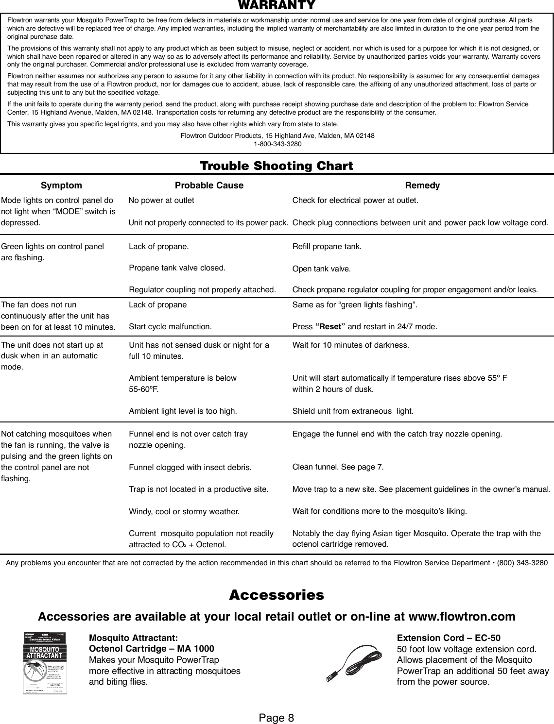 Page 8 of 8 - Flowtron-Outdoor-Products Flowtron-Outdoor-Products-Mosquito-Powertrap-Mt-200-Series-Users-Manual- Generic PowerTrap Owner's Manual  Flowtron-outdoor-products-mosquito-powertrap-mt-200-series-users-manual