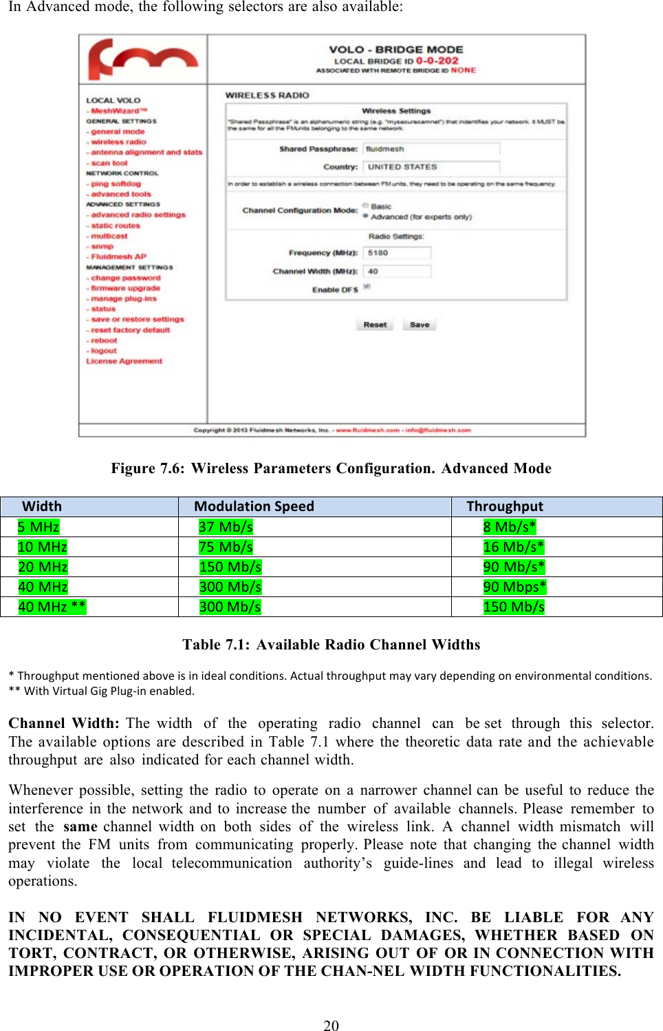  20  In Advanced mode, the following selectors are also available:    Figure 7.6: Wireless Parameters Configuration. Advanced Mode  Width!Modulation,Speed!Throughput!U!;NO!&lt;V!;3/+!J!;3/+W!E&gt;!;NO!VU!;3/+!ED!;3/+W!=&gt;!;NO!EU&gt;!;3/+!L&gt;!;3/+W!K&gt;!;NO!&lt;&gt;&gt;!;3/+!L&gt;!;3C+W!K&gt;!;NO!WW!&lt;&gt;&gt;!;3/+!EU&gt;!;3/+! Table 7.1: Available Radio Channel Widths W!SA)#6&apos;AC6$!-*&amp;$%#&amp;*8!23#X*!%+!%&amp;!%8*20!(#&amp;8%$%#&amp;+M!H($620!$A)#6&apos;AC6$!-2,!X2),!8*C*&amp;8%&amp;&apos;!#&amp;!*&amp;X%)#&amp;-*&amp;$20!(#&amp;8%$%#&amp;+M!WW!Y%$A!:%)$620!7%&apos;!.06&apos;?%&amp;!*&amp;230*8M! Channel Width: The width  of  the  operating  radio  channel  can  be set  through  this  selector.  The available options are described in Table 7.1 where the theoretic data rate and the achievable throughput are also indicated for each channel width.  Whenever possible, setting the radio to operate on  a  narrower channel can be useful to reduce the interference in the network and to increase the number of available channels. Please remember to set the same  channel width on both sides of the wireless link.  A  channel width mismatch will prevent the FM units from communicating properly. Please note that changing the channel width may violate the local  telecommunication authority’s guide-lines and lead to illegal wireless operations.  IN NO EVENT SHALL FLUIDMESH NETWORKS, INC. BE LIABLE FOR  ANY INCIDENTAL, CONSEQUENTIAL OR SPECIAL DAMAGES, WHETHER  BASED ON TORT, CONTRACT, OR OTHERWISE, ARISING OUT OF OR IN CONNECTION WITH IMPROPER USE OR OPERATION OF THE CHAN-NEL WIDTH FUNCTIONALITIES. 