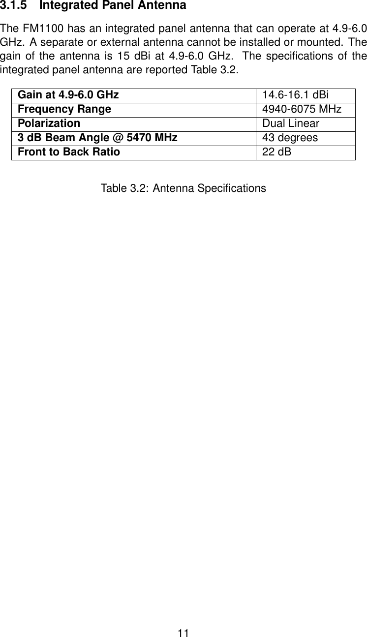 3.1.5 Integrated Panel AntennaThe FM1100 has an integrated panel antenna that can operate at 4.9-6.0GHz. A separate or external antenna cannot be installed or mounted. Thegain of the antenna is 15 dBi at 4.9-6.0 GHz. The speciﬁcations of theintegrated panel antenna are reported Table 3.2.Gain at 4.9-6.0 GHz 14.6-16.1 dBiFrequency Range 4940-6075 MHzPolarization Dual Linear3 dB Beam Angle @ 5470 MHz 43 degreesFront to Back Ratio 22 dBTable 3.2: Antenna Speciﬁcations11