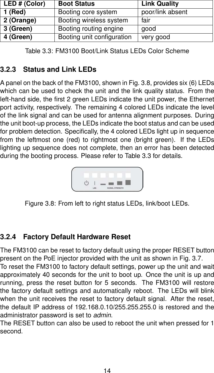 LED # (Color) Boot Status Link Quality1 (Red) Booting core system poor/link absent2 (Orange) Booting wireless system fair3 (Green) Booting routing engine good4 (Green) Booting unit conﬁguration very goodTable 3.3: FM3100 Boot/Link Status LEDs Color Scheme3.2.3 Status and Link LEDsA panel on the back of the FM3100, shown in Fig. 3.8, provides six (6) LEDswhich can be used to check the unit and the link quality status. From theleft-hand side, the ﬁrst 2 green LEDs indicate the unit power, the Ethernetport activity, respectively. The remaining 4 colored LEDs indicate the levelof the link signal and can be used for antenna alignment purposes. Duringthe unit boot-up process, the LEDs indicate the boot status and can be usedfor problem detection. Speciﬁcally, the 4 colored LEDs light up in sequencefrom the leftmost one (red) to rightmost one (bright green). If the LEDslighting up sequence does not complete, then an error has been detectedduring the booting process. Please refer to Table 3.3 for details.Figure 3.8: From left to right status LEDs, link/boot LEDs.3.2.4 Factory Default Hardware ResetThe FM3100 can be reset to factory default using the proper RESET buttonpresent on the PoE injector provided with the unit as shown in Fig. 3.7.To reset the FM3100 to factory default settings, power up the unit and waitapproximately 40 seconds for the unit to boot up. Once the unit is up andrunning, press the reset button for 5 seconds. The FM3100 will restorethe factory default settings and automatically reboot. The LEDs will blinkwhen the unit receives the reset to factory default signal. After the reset,the default IP address of 192.168.0.10/255.255.255.0 is restored and theadministrator password is set to admin.The RESET button can also be used to reboot the unit when pressed for 1second.14