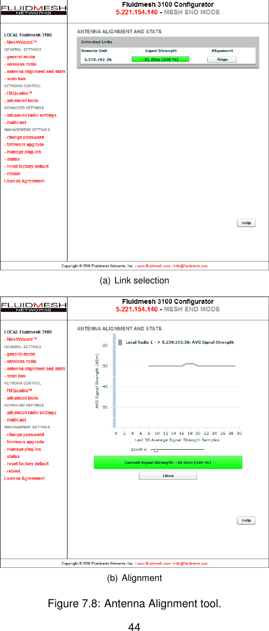 (a) Link selection(b) AlignmentFigure 7.8: Antenna Alignment tool.44