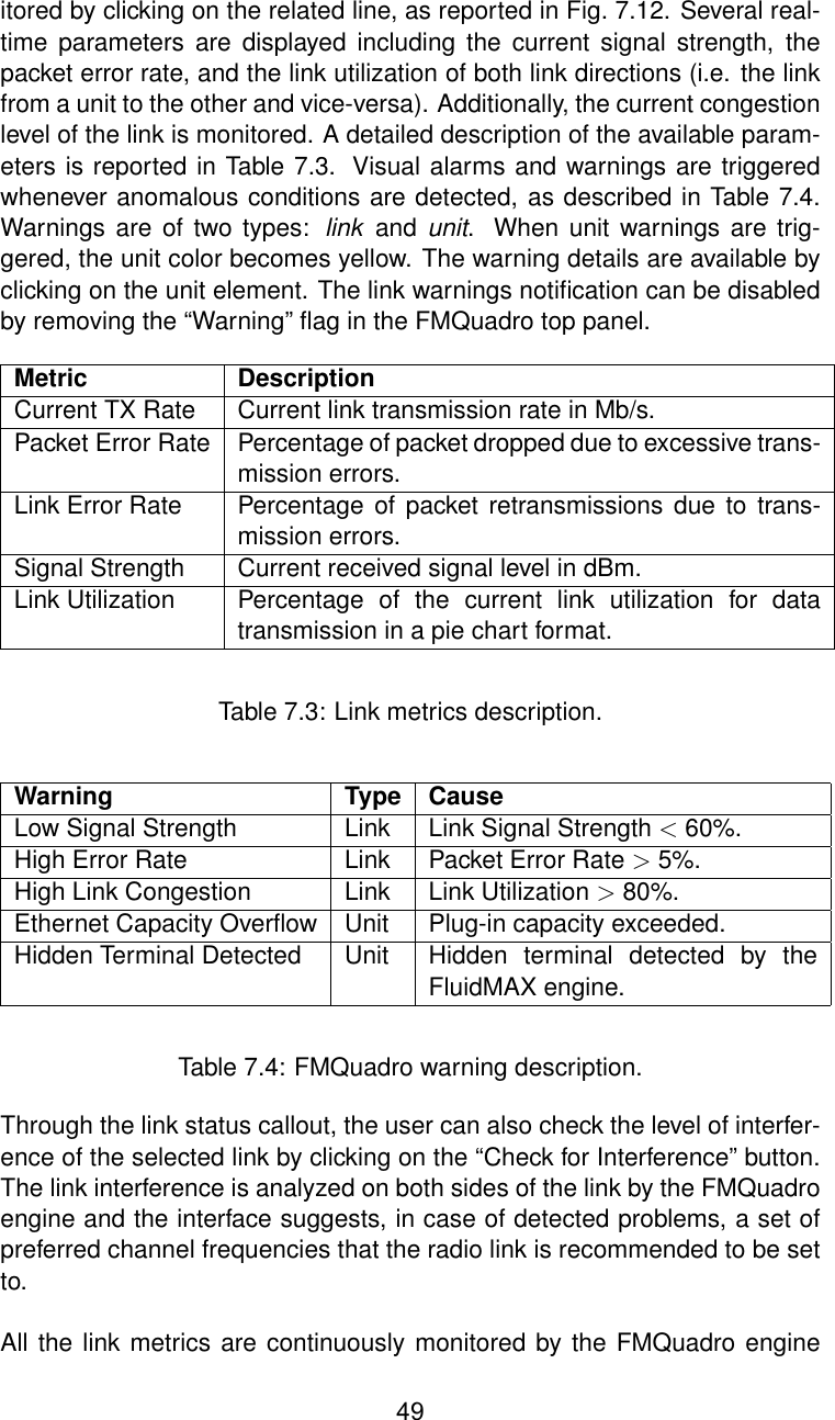 itored by clicking on the related line, as reported in Fig. 7.12. Several real-time parameters are displayed including the current signal strength, thepacket error rate, and the link utilization of both link directions (i.e. the linkfrom a unit to the other and vice-versa). Additionally, the current congestionlevel of the link is monitored. A detailed description of the available param-eters is reported in Table 7.3. Visual alarms and warnings are triggeredwhenever anomalous conditions are detected, as described in Table 7.4.Warnings are of two types: link and unit. When unit warnings are trig-gered, the unit color becomes yellow. The warning details are available byclicking on the unit element. The link warnings notiﬁcation can be disabledby removing the “Warning” ﬂag in the FMQuadro top panel.Metric DescriptionCurrent TX Rate Current link transmission rate in Mb/s.Packet Error Rate Percentage of packet dropped due to excessive trans-mission errors.Link Error Rate Percentage of packet retransmissions due to trans-mission errors.Signal Strength Current received signal level in dBm.Link Utilization Percentage of the current link utilization for datatransmission in a pie chart format.Table 7.3: Link metrics description.Warning Type CauseLow Signal Strength Link Link Signal Strength &lt;60%.High Error Rate Link Packet Error Rate &gt;5%.High Link Congestion Link Link Utilization &gt;80%.Ethernet Capacity Overﬂow Unit Plug-in capacity exceeded.Hidden Terminal Detected Unit Hidden terminal detected by theFluidMAX engine.Table 7.4: FMQuadro warning description.Through the link status callout, the user can also check the level of interfer-ence of the selected link by clicking on the “Check for Interference” button.The link interference is analyzed on both sides of the link by the FMQuadroengine and the interface suggests, in case of detected problems, a set ofpreferred channel frequencies that the radio link is recommended to be setto.All the link metrics are continuously monitored by the FMQuadro engine49