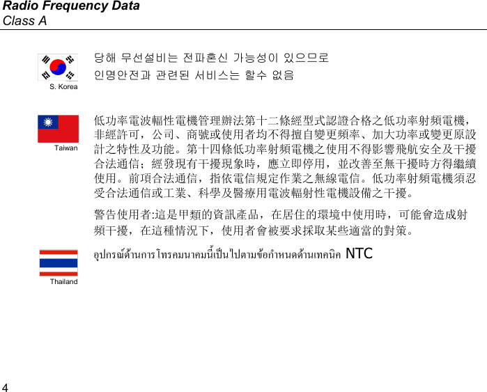 Radio Frequency Data Class A 4  S. Korea 당해 무선설비는 전파혼신 가능성이 있으므로 인명안전과 관련된 서비스는 할수 없음    Taiwan 低功率電波輻性電機管理辦法第十二條經型式認證合格之低功率射頻電機，非經許可，公司、商號或使用者均不得擅自變更頻率、加大功率或變更原設計之特性及功能。第十四條低功率射頻電機之使用不得影響飛航安全及干擾合法通信；經發現有干擾現象時，應立即停用，並改善至無干擾時方得繼續使用。前項合法通信，指依電信規定作業之無線電信。低功率射頻電機須忍受合法通信或工業、科學及醫療用電波輻射性電機設備之干擾。 警告使用者:這是甲類的資訊產品，在居住的環境中使用時，可能會造成射頻干擾，在這種情況下，使用者會被要求採取某些適當的對策。  Thailand  NTC    