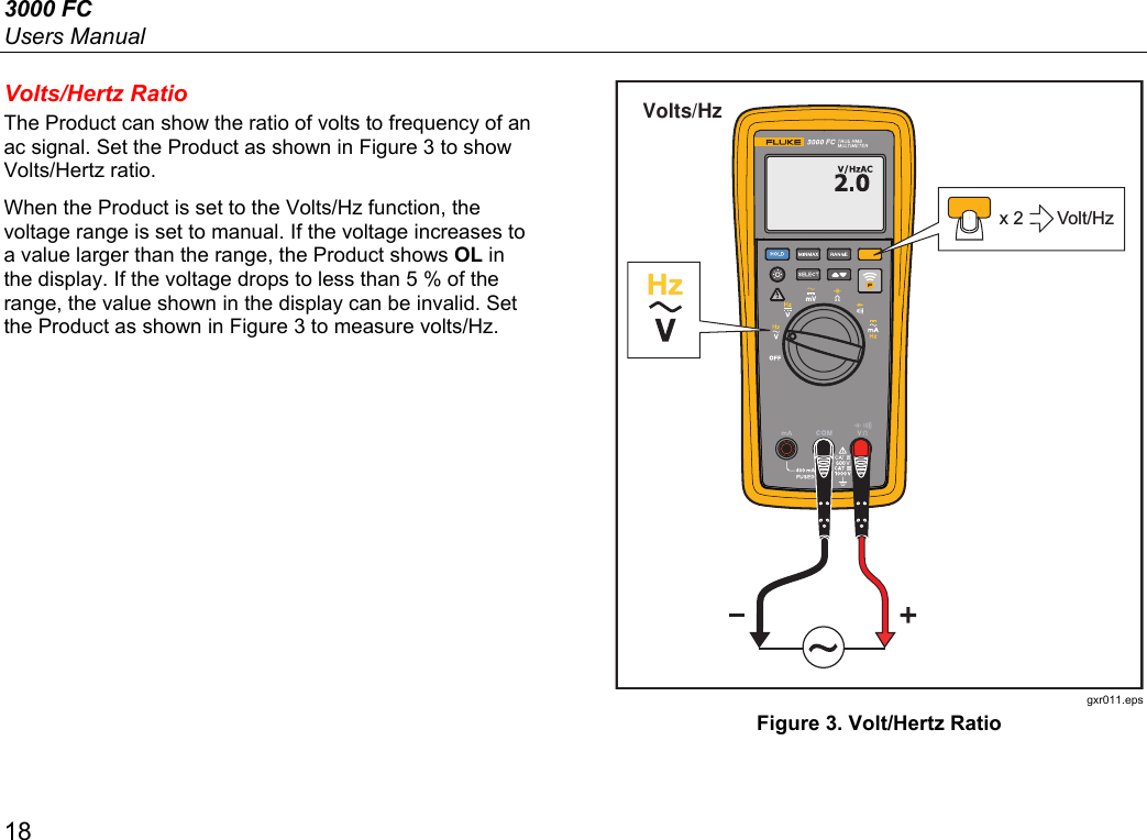 3000 FC Users Manual 18 Volts/Hertz Ratio The Product can show the ratio of volts to frequency of an ac signal. Set the Product as shown in Figure 3 to show Volts/Hertz ratio. When the Product is set to the Volts/Hz function, the voltage range is set to manual. If the voltage increases to a value larger than the range, the Product shows OL in the display. If the voltage drops to less than 5 % of the range, the value shown in the display can be invalid. Set the Product as shown in Figure 3 to measure volts/Hz. Volts/HzVolt/Hzx 2 gxr011.eps Figure 3. Volt/Hertz Ratio  