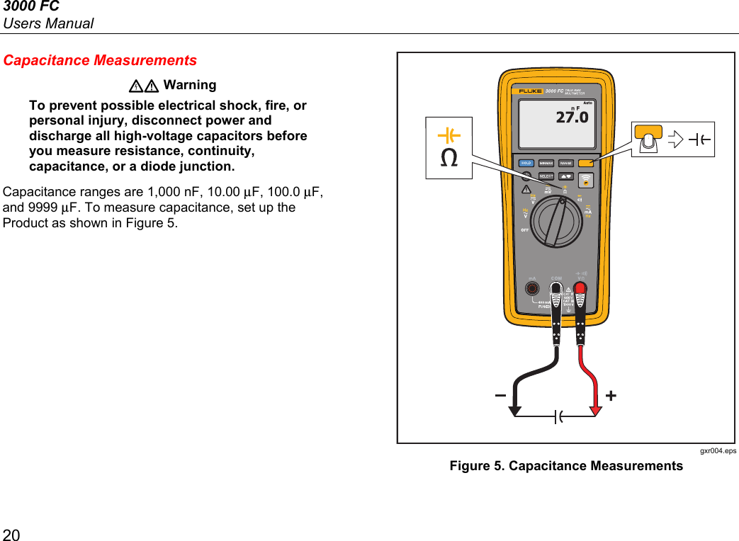 3000 FC Users Manual 20 Capacitance Measurements  Warning To prevent possible electrical shock, fire, or personal injury, disconnect power and discharge all high-voltage capacitors before you measure resistance, continuity, capacitance, or a diode junction. Capacitance ranges are 1,000 nF, 10.00 μF, 100.0 μF, and 9999 μF. To measure capacitance, set up the Product as shown in Figure 5.   gxr004.eps Figure 5. Capacitance Measurements 