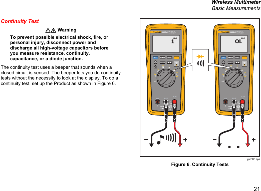  Wireless Multimeter  Basic Measurements 21 Continuity Test  Warning To prevent possible electrical shock, fire, or personal injury, disconnect power and discharge all high-voltage capacitors before you measure resistance, continuity, capacitance, or a diode junction. The continuity test uses a beeper that sounds when a closed circuit is sensed. The beeper lets you do continuity tests without the necessity to look at the display. To do a continuity test, set up the Product as shown in Figure 6.   gxr005.eps Figure 6. Continuity Tests 