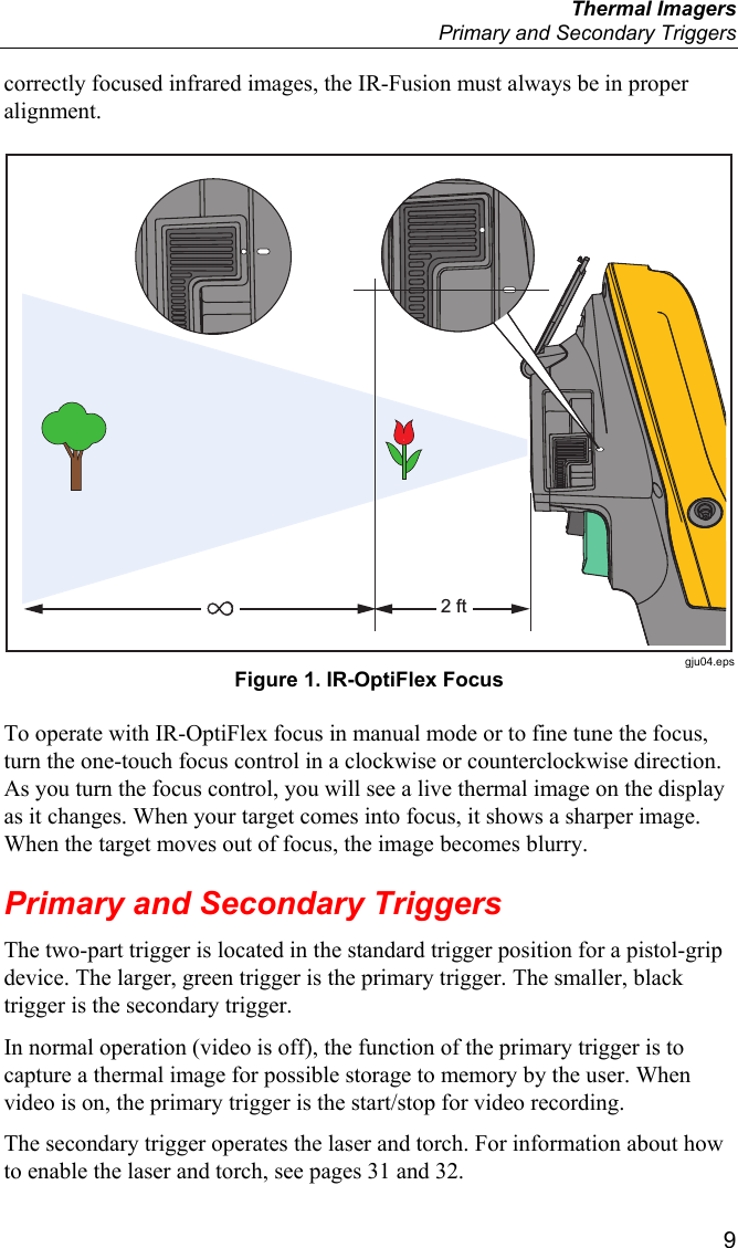  Thermal Imagers   Primary and Secondary Triggers  9 correctly focused infrared images, the IR-Fusion must always be in proper alignment. 2 ft gju04.eps Figure 1. IR-OptiFlex Focus To operate with IR-OptiFlex focus in manual mode or to fine tune the focus, turn the one-touch focus control in a clockwise or counterclockwise direction. As you turn the focus control, you will see a live thermal image on the display as it changes. When your target comes into focus, it shows a sharper image. When the target moves out of focus, the image becomes blurry. Primary and Secondary Triggers The two-part trigger is located in the standard trigger position for a pistol-grip device. The larger, green trigger is the primary trigger. The smaller, black trigger is the secondary trigger. In normal operation (video is off), the function of the primary trigger is to capture a thermal image for possible storage to memory by the user. When video is on, the primary trigger is the start/stop for video recording. The secondary trigger operates the laser and torch. For information about how to enable the laser and torch, see pages 31 and 32. 