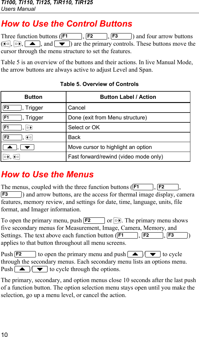 Ti100, Ti110, Ti125, TiR110, TiR125 Users Manual 10 How to Use the Control Buttons Three function buttons (, , ) and four arrow buttons (, , , and ) are the primary controls. These buttons move the cursor through the menu structure to set the features. Table 5 is an overview of the buttons and their actions. In live Manual Mode, the arrow buttons are always active to adjust Level and Span. Table 5. Overview of Controls Button Button Label / Action , Trigger  Cancel , Trigger  Done (exit from Menu structure) ,   Select or OK ,  Back ,   Move cursor to highlight an option ,   Fast forward/rewind (video mode only) How to Use the Menus The menus, coupled with the three function buttons (, , ) and arrow buttons, are the access for thermal image display, camera features, memory review, and settings for date, time, language, units, file format, and Imager information. To open the primary menu, push  or . The primary menu shows five secondary menus for Measurement, Image, Camera, Memory, and Settings. The text above each function button (, , ) applies to that button throughout all menu screens. Push  to open the primary menu and push / to cycle through the secondary menus. Each secondary menu lists an options menu. Push / to cycle through the options. The primary, secondary, and option menus close 10 seconds after the last push of a function button. The option selection menu stays open until you make the selection, go up a menu level, or cancel the action. 