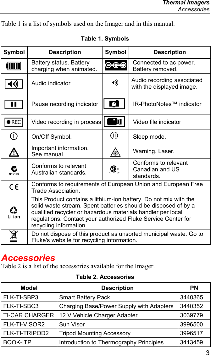  Thermal Imagers  Accessories  3 Table 1 is a list of symbols used on the Imager and in this manual. Table 1. Symbols Symbol Description Symbol Description U Battery status. Battery charging when animated. Connected to ac power. Battery removed. i Audio indicator   Audio recording associated with the displayed image. p Pause recording indicator  jIR-PhotoNotes™ indicator r Video recording in process kVideo file indicator  On/Off Symbol.   Sleep mode. W Important information. See manual.  * Warning. Laser.  Conforms to relevant Australian standards.  ) Conforms to relevant Canadian and US standards. P Conforms to requirements of European Union and European Free Trade Association.  This Product contains a lithium-ion battery. Do not mix with the solid waste stream. Spent batteries should be disposed of by a qualified recycler or hazardous materials handler per local regulations. Contact your authorized Fluke Service Center for recycling information. ~ Do not dispose of this product as unsorted municipal waste. Go to Fluke&apos;s website for recycling information. Accessories Table 2 is a list of the accessories available for the Imager. Table 2. Accessories Model Description PN FLK-TI-SBP3 Smart Battery Pack  3440365 FLK-TI-SBC3  Charging Base/Power Supply with Adapters  3440352 TI-CAR CHARGER  12 V Vehicle Charger Adapter  3039779 FLK-TI-VISOR2 Sun Visor  3996500 FLK-TI-TRIPOD2  Tripod Mounting Accessory  3996517 BOOK-ITP  Introduction to Thermography Principles  3413459 