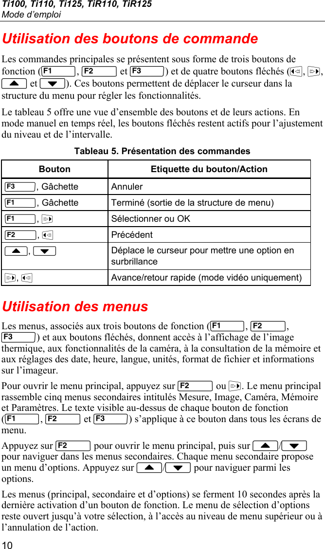 Ti100, Ti110, Ti125, TiR110, TiR125 Mode d’emploi 10 Utilisation des boutons de commande Les commandes principales se présentent sous forme de trois boutons de fonction (,  et ) et de quatre boutons fléchés (, ,  et ). Ces boutons permettent de déplacer le curseur dans la structure du menu pour régler les fonctionnalités. Le tableau 5 offre une vue d’ensemble des boutons et de leurs actions. En mode manuel en temps réel, les boutons fléchés restent actifs pour l’ajustement du niveau et de l’intervalle. Tableau 5. Présentation des commandes Bouton  Etiquette du bouton/Action , Gâchette  Annuler , Gâchette  Terminé (sortie de la structure de menu) ,   Sélectionner ou OK ,  Précédent ,  Déplace le curseur pour mettre une option en surbrillance ,   Avance/retour rapide (mode vidéo uniquement) Utilisation des menus Les menus, associés aux trois boutons de fonction (, , ) et aux boutons fléchés, donnent accès à l’affichage de l’image thermique, aux fonctionnalités de la caméra, à la consultation de la mémoire et aux réglages des date, heure, langue, unités, format de fichier et informations sur l’imageur. Pour ouvrir le menu principal, appuyez sur  ou . Le menu principal rassemble cinq menus secondaires intitulés Mesure, Image, Caméra, Mémoire et Paramètres. Le texte visible au-dessus de chaque bouton de fonction (,  et ) s’applique à ce bouton dans tous les écrans de menu. Appuyez sur  pour ouvrir le menu principal, puis sur / pour naviguer dans les menus secondaires. Chaque menu secondaire propose un menu d’options. Appuyez sur / pour naviguer parmi les options. Les menus (principal, secondaire et d’options) se ferment 10 secondes après la dernière activation d’un bouton de fonction. Le menu de sélection d’options reste ouvert jusqu’à votre sélection, à l’accès au niveau de menu supérieur ou à l’annulation de l’action. 