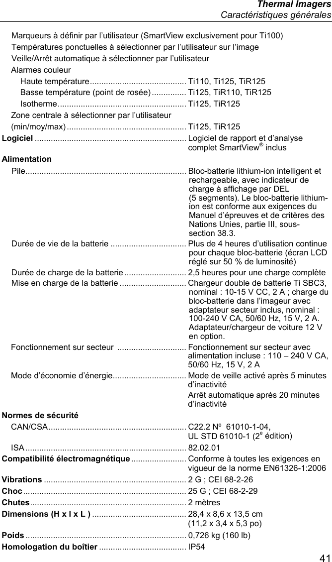  Thermal Imagers  Caractéristiques générales  41 Marqueurs à définir par l’utilisateur (SmartView exclusivement pour Ti100) Températures ponctuelles à sélectionner par l’utilisateur sur l’image Veille/Arrêt automatique à sélectionner par l’utilisateur Alarmes couleur Haute température .......................................... Ti110, Ti125, TiR125 Basse température (point de rosée) ............... Ti125, TiR110, TiR125 Isotherme ........................................................  Ti125,  TiR125 Zone centrale à sélectionner par l’utilisateur  (min/moy/max) .................................................... Ti125,  TiR125 Logiciel .................................................................. Logiciel de rapport et d’analyse complet SmartView® inclus Alimentation Pile ......................................................................  Bloc-batterie lithium-ion intelligent et rechargeable, avec indicateur de charge à affichage par DEL (5 segments). Le bloc-batterie lithium-ion est conforme aux exigences du Manuel d’épreuves et de critères des Nations Unies, partie III, sous-section 38.3. Durée de vie de la batterie ................................. Plus de 4 heures d’utilisation continue pour chaque bloc-batterie (écran LCD réglé sur 50 % de luminosité) Durée de charge de la batterie ........................... 2,5 heures pour une charge complète Mise en charge de la batterie ............................. Chargeur double de batterie Ti SBC3, nominal : 10-15 V CC, 2 A ; charge du bloc-batterie dans l’imageur avec adaptateur secteur inclus, nominal : 100-240 V CA, 50/60 Hz, 15 V, 2 A. Adaptateur/chargeur de voiture 12 V en option. Fonctionnement sur secteur  .............................. Fonctionnement sur secteur avec alimentation incluse : 110 – 240 V CA, 50/60 Hz, 15 V, 2 A Mode d’économie d’énergie................................ Mode de veille activé après 5 minutes d’inactivité   Arrêt automatique après 20 minutes d’inactivité Normes de sécurité CAN/CSA ............................................................ C22.2 Nº  61010-1-04, UL STD 61010-1 (2e édition) ISA ...................................................................... 82.02.01 Compatibilité électromagnétique ........................ Conforme à toutes les exigences en vigueur de la norme EN61326-1:2006 Vibrations .............................................................. 2 G ; CEI 68-2-26 Choc ....................................................................... 25 G ; CEI 68-2-29 Chutes ....................................................................  2  mètres Dimensions (H x l x L ) ......................................... 28,4 x 8,6 x 13,5 cm (11,2 x 3,4 x 5,3 po) Poids ...................................................................... 0,726 kg (160 lb) Homologation du boîtier ...................................... IP54 