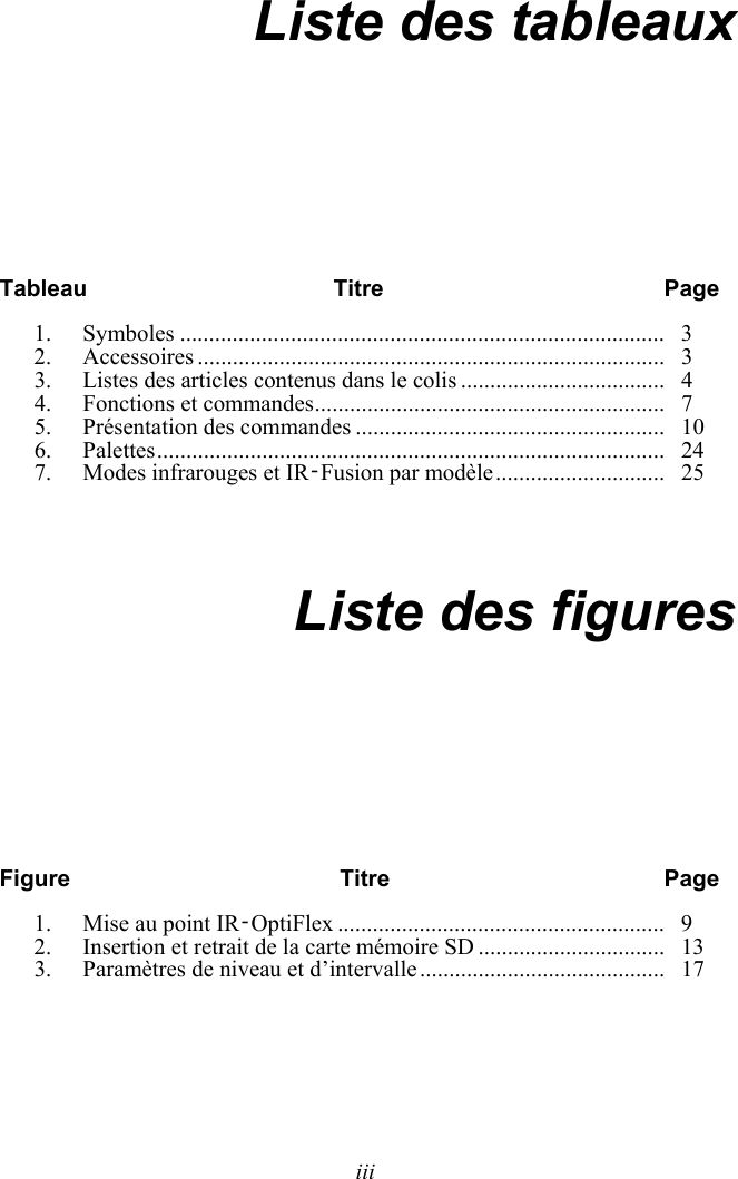   iii Liste des tableaux Tableau Titre  Page 1.   Symboles ...................................................................................   3 2.   Accessoires ................................................................................   3 3.   Listes des articles contenus dans le colis ...................................   4 4.   Fonctions et commandes ............................................................   7 5.   Présentation des commandes .....................................................   10 6.   Palettes .......................................................................................   24 7.   Modes infrarouges et IR‑Fusion par modèle .............................   25   Liste des figures Figure  Titre  Page 1.   Mise au point IR‑OptiFlex ........................................................   9 2.   Insertion et retrait de la carte mémoire SD ................................   13 3.   Paramètres de niveau et d’intervalle ..........................................   17 