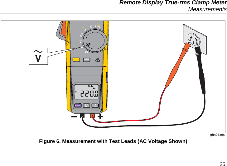   Remote Display True-rms Clamp Meter  Measurements 25  ghn05.eps Figure 6. Measurement with Test Leads (AC Voltage Shown) 