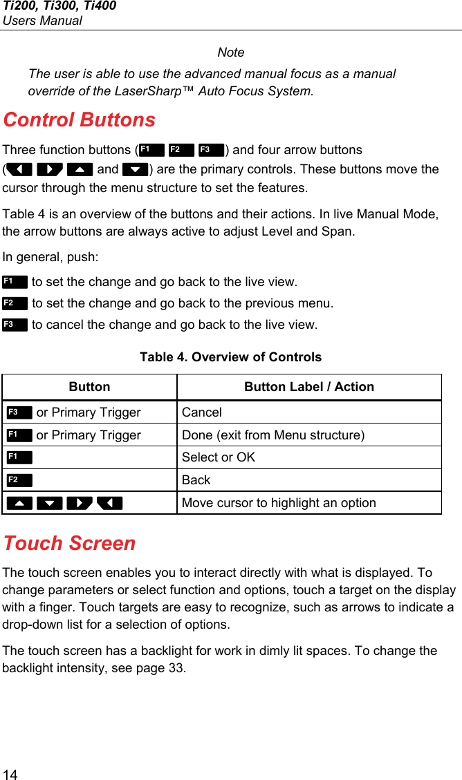 Ti200, Ti300, Ti400 Users Manual 14 Note The user is able to use the advanced manual focus as a manual override of the LaserSharp™ Auto Focus System. Control Buttons Three function buttons (  ) and four arrow buttons (   and ) are the primary controls. These buttons move the cursor through the menu structure to set the features. Table 4 is an overview of the buttons and their actions. In live Manual Mode, the arrow buttons are always active to adjust Level and Span. In general, push:  to set the change and go back to the live view.  to set the change and go back to the previous menu.  to cancel the change and go back to the live view. Table 4. Overview of Controls Button Button Label / Action  or Primary Trigger  Cancel  or Primary Trigger  Done (exit from Menu structure)   Select or OK  Back      Move cursor to highlight an option Touch Screen The touch screen enables you to interact directly with what is displayed. To change parameters or select function and options, touch a target on the display with a finger. Touch targets are easy to recognize, such as arrows to indicate a drop-down list for a selection of options. The touch screen has a backlight for work in dimly lit spaces. To change the backlight intensity, see page 33. 