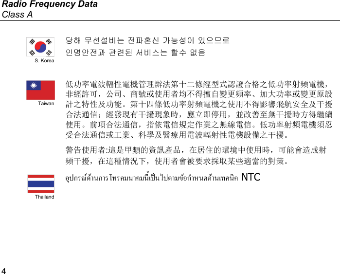 Radio Frequency Data Class A 4  S. Korea 당해 무선설비는 전파혼신 가능성이 있으므로 인명안전과 관련된 서비스는 할수 없음    Taiwan 低功率電波輻性電機管理辦法第十二條經型式認證合格之低功率射頻電機，非經許可，公司、商號或使用者均不得擅自變更頻率、加大功率或變更原設計之特性及功能。第十四條低功率射頻電機之使用不得影響飛航安全及干擾合法通信；經發現有干擾現象時，應立即停用，並改善至無干擾時方得繼續使用。前項合法通信，指依電信規定作業之無線電信。低功率射頻電機須忍受合法通信或工業、科學及醫療用電波輻射性電機設備之干擾。 警告使用者:這是甲類的資訊產品，在居住的環境中使用時，可能會造成射頻干擾，在這種情況下，使用者會被要求採取某些適當的對策。  Thailand  NTC    