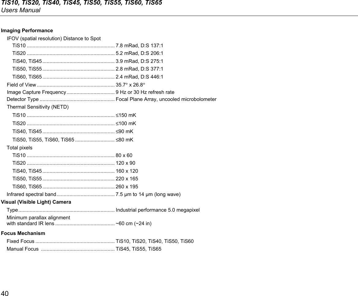 TiS10, TiS20, TiS40, TiS45, TiS50, TiS55, TiS60, TiS65 Users Manual 40 Imaging Performance IFOV (spatial resolution) Distance to Spot TiS10 .............................................................. 7.8 mRad, D:S 137:1 TiS20 .............................................................. 5.2 mRad, D:S 206:1 TiS40, TiS45 ................................................... 3.9 mRad, D:S 275:1 TiS50, TiS55 ................................................... 2.8 mRad, D:S 377:1 TiS60, TiS65 ................................................... 2.4 mRad, D:S 446:1 Field of View ....................................................... 35.7° x 26.8° Image Capture Frequency .................................. 9 Hz or 30 Hz refresh rate Detector Type ..................................................... Focal Plane Array, uncooled microbolometer Thermal Sensitivity (NETD) TiS10 .............................................................. ≤150 mK TiS20 .............................................................. ≤100 mK TiS40, TiS45 ................................................... ≤90 mK TiS50, TiS55, TiS60, TiS65 ............................ ≤80 mK Total pixels TiS10 .............................................................. 80 x 60 TiS20 .............................................................. 120 x 90 TiS40, TiS45 ................................................... 160 x 120 TiS50, TiS55 ................................................... 220 x 165 TiS60, TiS65 ................................................... 260 x 195 Infrared spectral band ......................................... 7.5 μm to 14 μm (long wave) Visual (Visible Light) Camera Type .................................................................... Industrial performance 5.0 megapixel Minimum parallax alignment  with standard IR lens .......................................... ~60 cm (~24 in) Focus Mechanism Fixed Focus ........................................................ TiS10, TiS20, TiS40, TiS50, TiS60 Manual Focus  .................................................... TiS45, TiS55, TiS65 