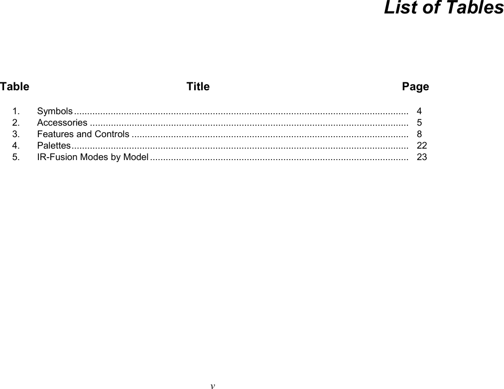   v List of Tables Table Title  Page 1. Symbols ................................................................................................................................   4 2. Accessories ..........................................................................................................................   5 3. Features and Controls ..........................................................................................................   8 4. Palettes .................................................................................................................................   22 5.  IR-Fusion Modes by Model ...................................................................................................   23   
