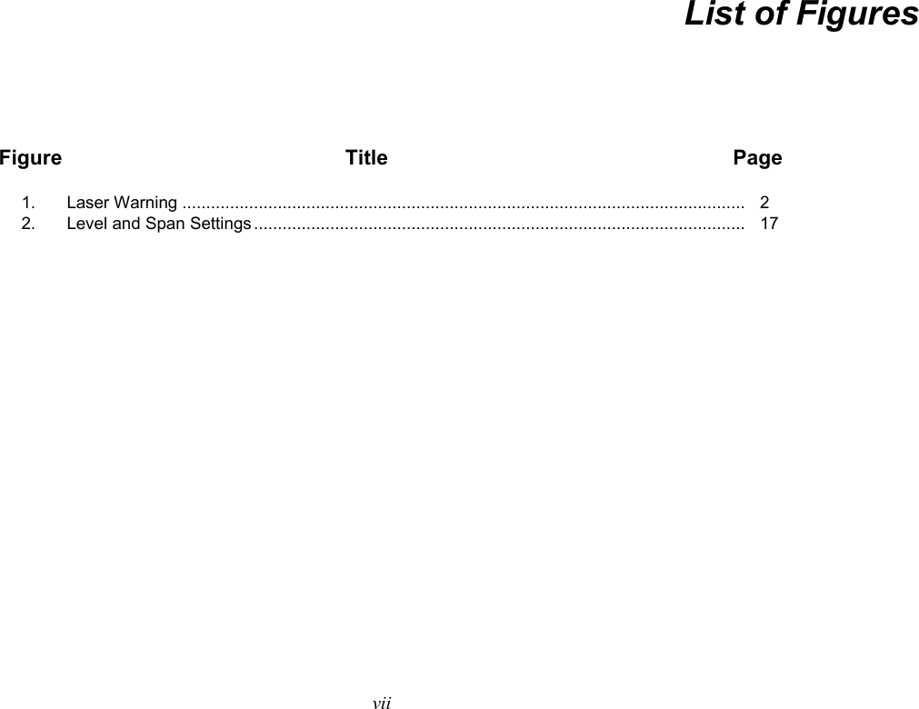   vii List of Figures Figure  Title  Page 1. Laser Warning ......................................................................................................................   2 2.  Level and Span Settings .......................................................................................................   17   