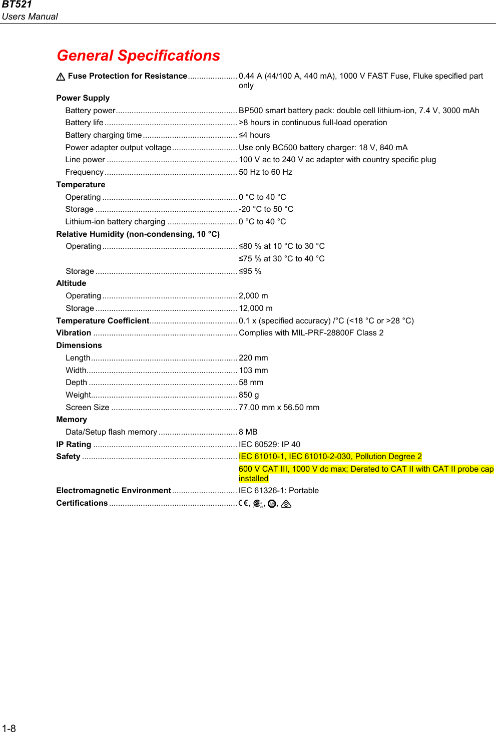 BT521 Users Manual 1-8 General Specifications   Fuse Protection for Resistance ...................... 0.44 A (44/100 A, 440 mA), 1000 V FAST Fuse, Fluke specified part only Power Supply Battery power ...................................................... BP500 smart battery pack: double cell lithium-ion, 7.4 V, 3000 mAh Battery life ........................................................... &gt;8 hours in continuous full-load operation Battery charging time .......................................... ≤4 hours Power adapter output voltage ............................. Use only BC500 battery charger: 18 V, 840 mA Line power .......................................................... 100 V ac to 240 V ac adapter with country specific plug Frequency ........................................................... 50 Hz to 60 Hz Temperature Operating ............................................................ 0 °C to 40 °C Storage ............................................................... -20 °C to 50 °C Lithium-ion battery charging ............................... 0 °C to 40 °C Relative Humidity (non-condensing, 10 °C) Operating ............................................................ ≤80 % at 10 °C to 30 °C  ≤75 % at 30 °C to 40 °C  Storage ............................................................... ≤95 % Altitude Operating ............................................................ 2,000  m Storage ............................................................... 12,000 m Temperature Coefficient ....................................... 0.1 x (specified accuracy) /°C (&lt;18 °C or &gt;28 °C) Vibration ................................................................ Complies with MIL-PRF-28800F Class 2 Dimensions Length ................................................................. 220  mm Width ................................................................... 103 mm Depth .................................................................. 58 mm Weight ................................................................. 850 g Screen Size ........................................................ 77.00 mm x 56.50 mm Memory Data/Setup flash memory ................................... 8 MB IP Rating ................................................................ IEC 60529: IP 40 Safety ..................................................................... IEC 61010-1, IEC 61010-2-030, Pollution Degree 2 600 V CAT III, 1000 V dc max; Derated to CAT II with CAT II probe cap installed Electromagnetic Environment ............................. IEC  61326-1:  Portable Certifications ......................................................... , , ,  