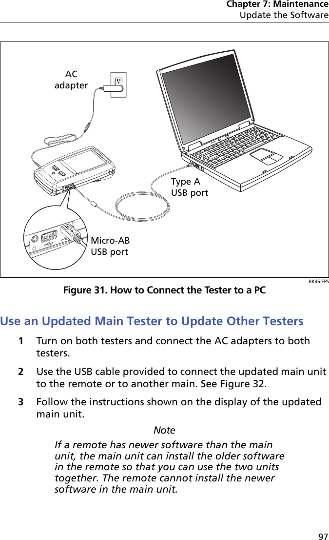 Chapter 7: MaintenanceUpdate the Software97BK46.EPSFigure 31. How to Connect the Tester to a PCUse an Updated Main Tester to Update Other Testers1Turn on both testers and connect the AC adapters to both testers.2Use the USB cable provided to connect the updated main unit to the remote or to another main. See Figure 32.3Follow the instructions shown on the display of the updated main unit.NoteIf a remote has newer software than the main unit, the main unit can install the older software in the remote so that you can use the two units together. The remote cannot install the newer software in the main unit.Micro-AB USB portType A USB portAC adapter