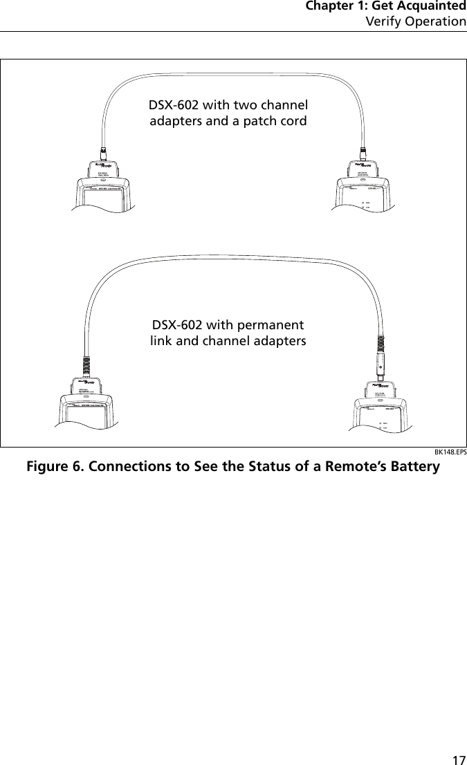 Chapter 1: Get AcquaintedVerify Operation17BK148.EPSFigure 6. Connections to See the Status of a Remote’s BatteryDSX-602 with two channel adapters and a patch cordDSX-602 with permanent link and channel adapters