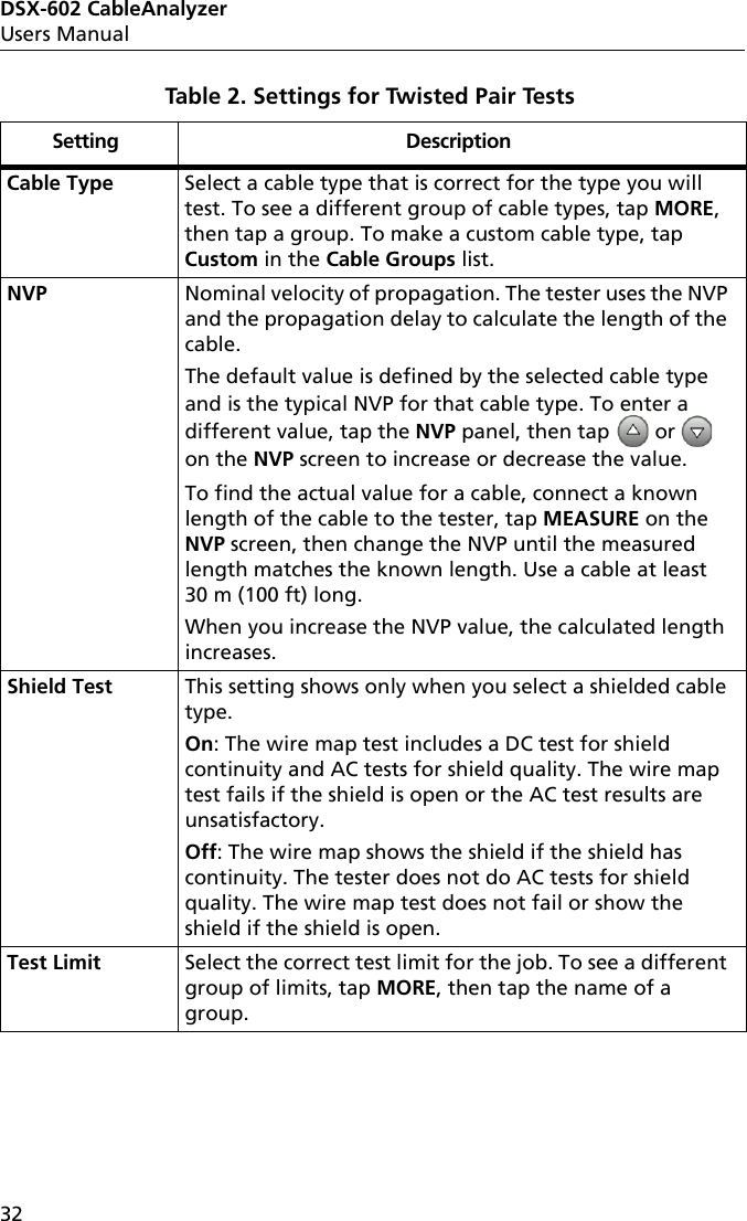 DSX-602 CableAnalyzerUsers Manual32Table 2. Settings for Twisted Pair Tests Setting DescriptionCable Type Select a cable type that is correct for the type you will test. To see a different group of cable types, tap MORE, then tap a group. To make a custom cable type, tap Custom in the Cable Groups list.NVPNominal velocity of propagation. The tester uses the NVP and the propagation delay to calculate the length of the cable.The default value is defined by the selected cable type and is the typical NVP for that cable type. To enter a different value, tap the NVP panel, then tap  or   on the NVP screen to increase or decrease the value. To find the actual value for a cable, connect a known length of the cable to the tester, tap MEASURE on the NVP screen, then change the NVP until the measured length matches the known length. Use a cable at least 30 m (100 ft) long.When you increase the NVP value, the calculated length increases.Shield Test This setting shows only when you select a shielded cable type. On: The wire map test includes a DC test for shield continuity and AC tests for shield quality. The wire map test fails if the shield is open or the AC test results are unsatisfactory. Off: The wire map shows the shield if the shield has continuity. The tester does not do AC tests for shield quality. The wire map test does not fail or show the shield if the shield is open.Test Limit Select the correct test limit for the job. To see a different group of limits, tap MORE, then tap the name of a group. 