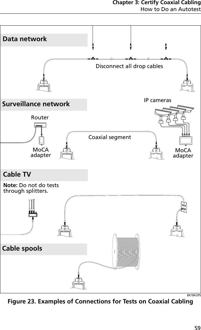 Chapter 3: Certify Coaxial CablingHow to Do an Autotest59BK184.EPSFigure 23. Examples of Connections for Tests on Coaxial CablingDSX-CHA003COAX ADAPTERDSX-CHA003COAX ADAPTERDSX-CHA003COAX ADAPTERDSX-CHA003COAX ADAPTERDSX-CHA003COAX ADAPTERDSX-CHA003COAX ADAPTERDSX-CHA003COAX ADAPTERDisconnect all drop cablesMoCA adapter MoCA adapterRouterIP camerasData networkSurveillance networkCable TVCable spoolsCoaxial segmentNote: Do not do tests through splitters.