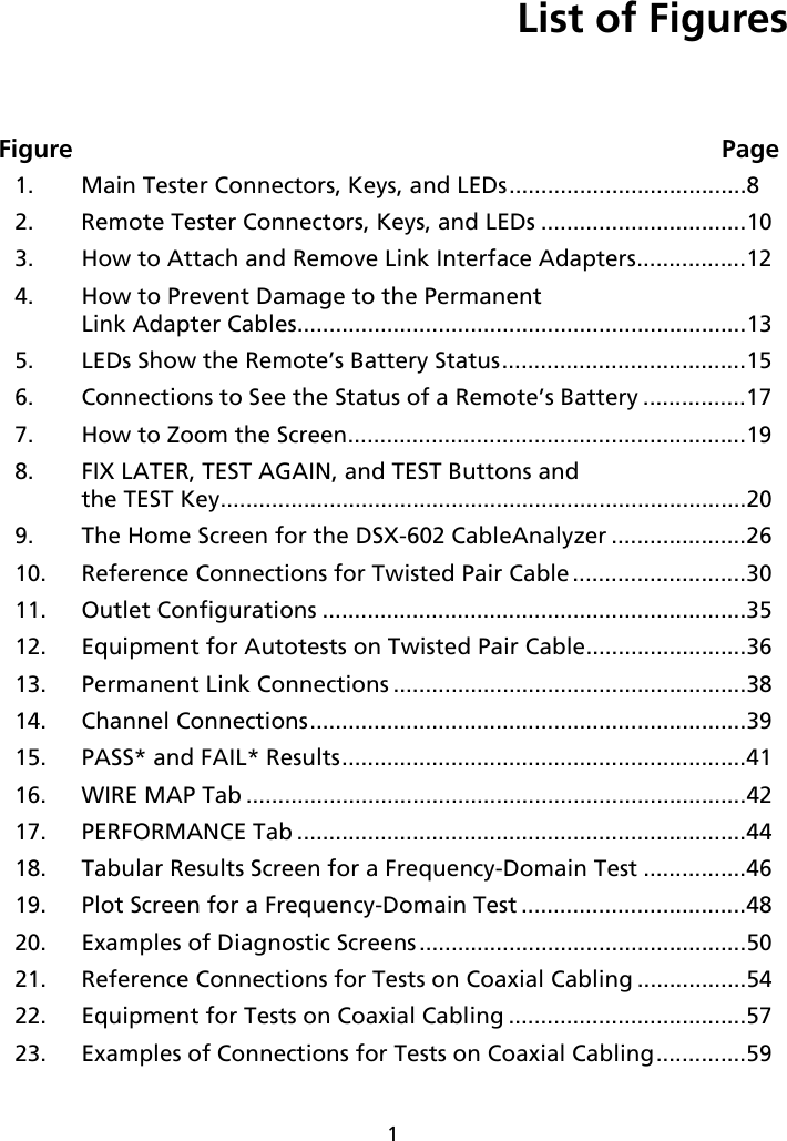 1List of FiguresFigure Page1. Main Tester Connectors, Keys, and LEDs.....................................82. Remote Tester Connectors, Keys, and LEDs ................................103. How to Attach and Remove Link Interface Adapters.................124. How to Prevent Damage to the Permanent Link Adapter Cables......................................................................135. LEDs Show the Remote’s Battery Status......................................156. Connections to See the Status of a Remote’s Battery ................177. How to Zoom the Screen..............................................................198. FIX LATER, TEST AGAIN, and TEST Buttons and the TEST Key..................................................................................209. The Home Screen for the DSX-602 CableAnalyzer .....................2610. Reference Connections for Twisted Pair Cable ...........................3011. Outlet Configurations ..................................................................3512. Equipment for Autotests on Twisted Pair Cable.........................3613. Permanent Link Connections .......................................................3814. Channel Connections....................................................................3915. PASS* and FAIL* Results...............................................................4116. WIRE MAP Tab ..............................................................................4217. PERFORMANCE Tab ......................................................................4418. Tabular Results Screen for a Frequency-Domain Test ................4619. Plot Screen for a Frequency-Domain Test ...................................4820. Examples of Diagnostic Screens...................................................5021. Reference Connections for Tests on Coaxial Cabling .................5422. Equipment for Tests on Coaxial Cabling .....................................5723. Examples of Connections for Tests on Coaxial Cabling..............59