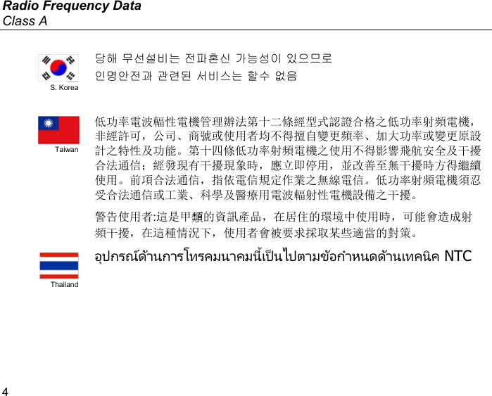 Radio Frequency Data Class A 4  S. Korea 당해 무선설비는 전파혼신 가능성이 있으므로 인명안전과 관련된 서비스는 할수 없음    Taiwan 低功率電波輻性電機管理辦法第十二條經型式認證合格之低功率射頻電機，非經許可，公司、商號或使用者均不得擅自變更頻率、加大功率或變更原設計之特性及功能。第十四條低功率射頻電機之使用不得影響飛航安全及干擾合法通信；經發現有干擾現象時，應立即停用，並改善至無干擾時方得繼續使用。前項合法通信，指依電信規定作業之無線電信。低功率射頻電機須忍受合法通信或工業、科學及醫療用電波輻射性電機設備之干擾。 警告使用者:這是甲類的資訊產品，在居住的環境中使用時，可能會造成射頻干擾，在這種情況下，使用者會被要求採取某些適當的對策。  Thailand  NTC    