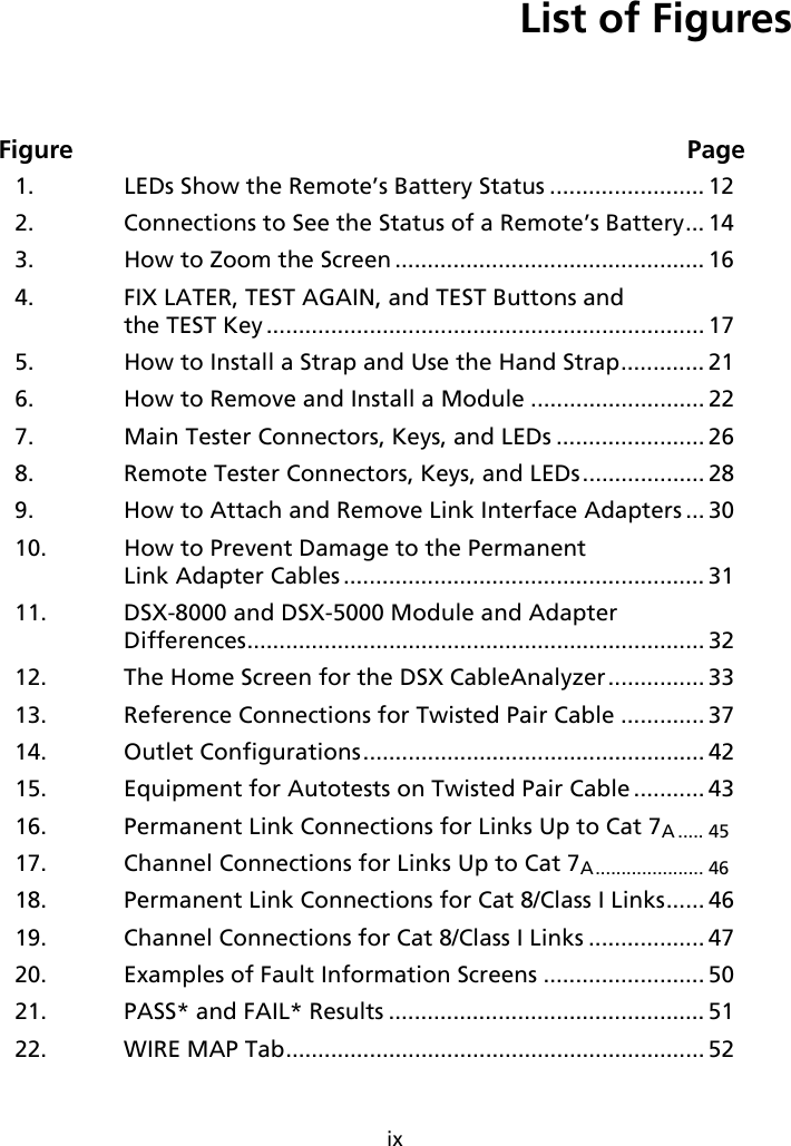 ixList of FiguresFigure Page1. LEDs Show the Remote’s Battery Status ........................ 122. Connections to See the Status of a Remote’s Battery... 143. How to Zoom the Screen ................................................ 164. FIX LATER, TEST AGAIN, and TEST Buttons and the TEST Key .................................................................... 175. How to Install a Strap and Use the Hand Strap............. 216. How to Remove and Install a Module ........................... 227. Main Tester Connectors, Keys, and LEDs ....................... 268. Remote Tester Connectors, Keys, and LEDs................... 289. How to Attach and Remove Link Interface Adapters ... 3010. How to Prevent Damage to the Permanent Link Adapter Cables ........................................................ 3111. DSX-8000 and DSX-5000 Module and Adapter Differences....................................................................... 3212. The Home Screen for the DSX CableAnalyzer............... 3313. Reference Connections for Twisted Pair Cable ............. 3714. Outlet Configurations..................................................... 4215. Equipment for Autotests on Twisted Pair Cable ........... 4316. Permanent Link Connections for Links Up to Cat 7A ..... 4517. Channel Connections for Links Up to Cat 7A..................... 4618. Permanent Link Connections for Cat 8/Class I Links...... 4619. Channel Connections for Cat 8/Class I Links .................. 4720. Examples of Fault Information Screens ......................... 5021. PASS* and FAIL* Results ................................................. 5122. WIRE MAP Tab................................................................. 52